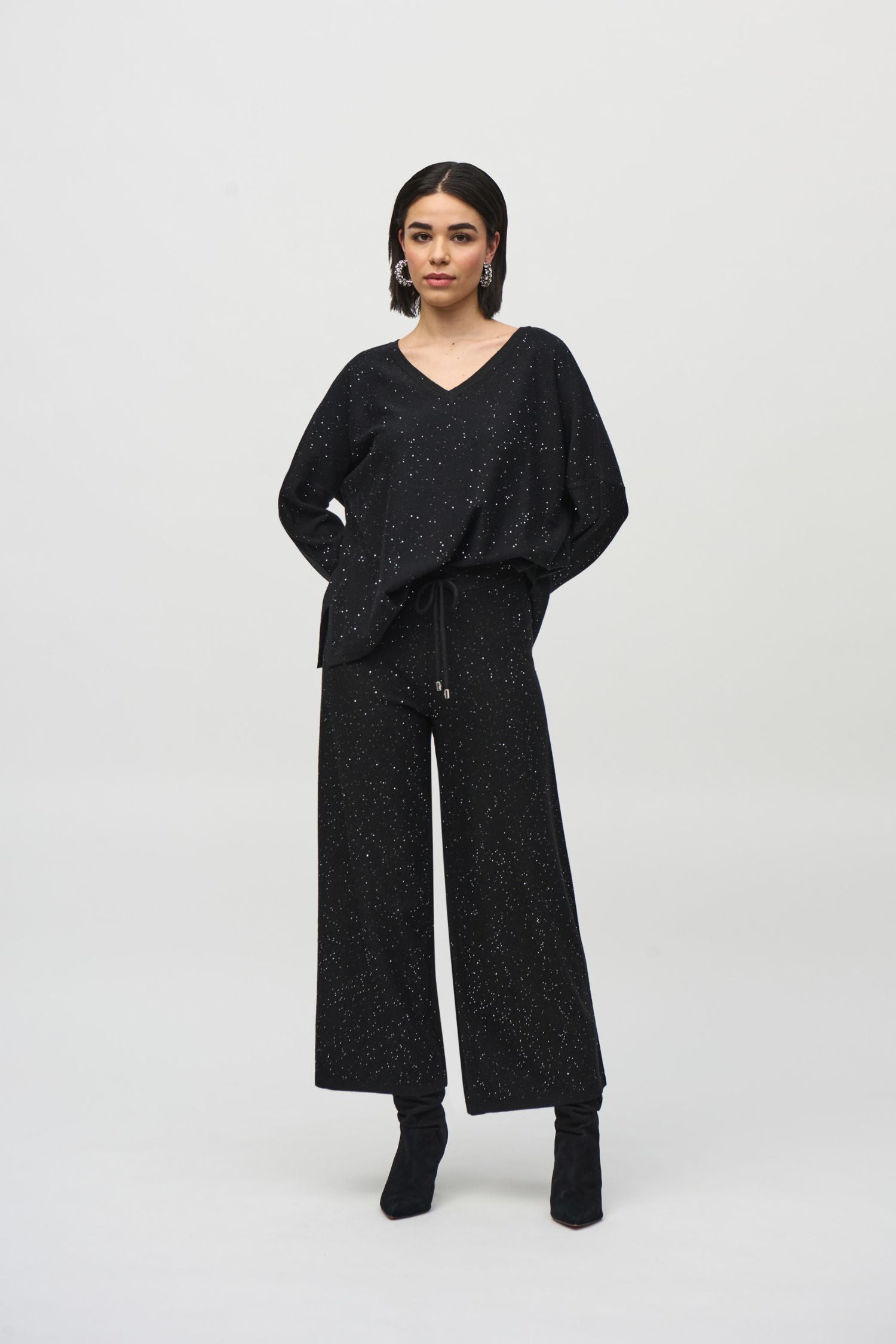 Outfit view of Joseph Ribkoff Sequined Sweater Knit Culotte Pants - Style 244922-BLK in black