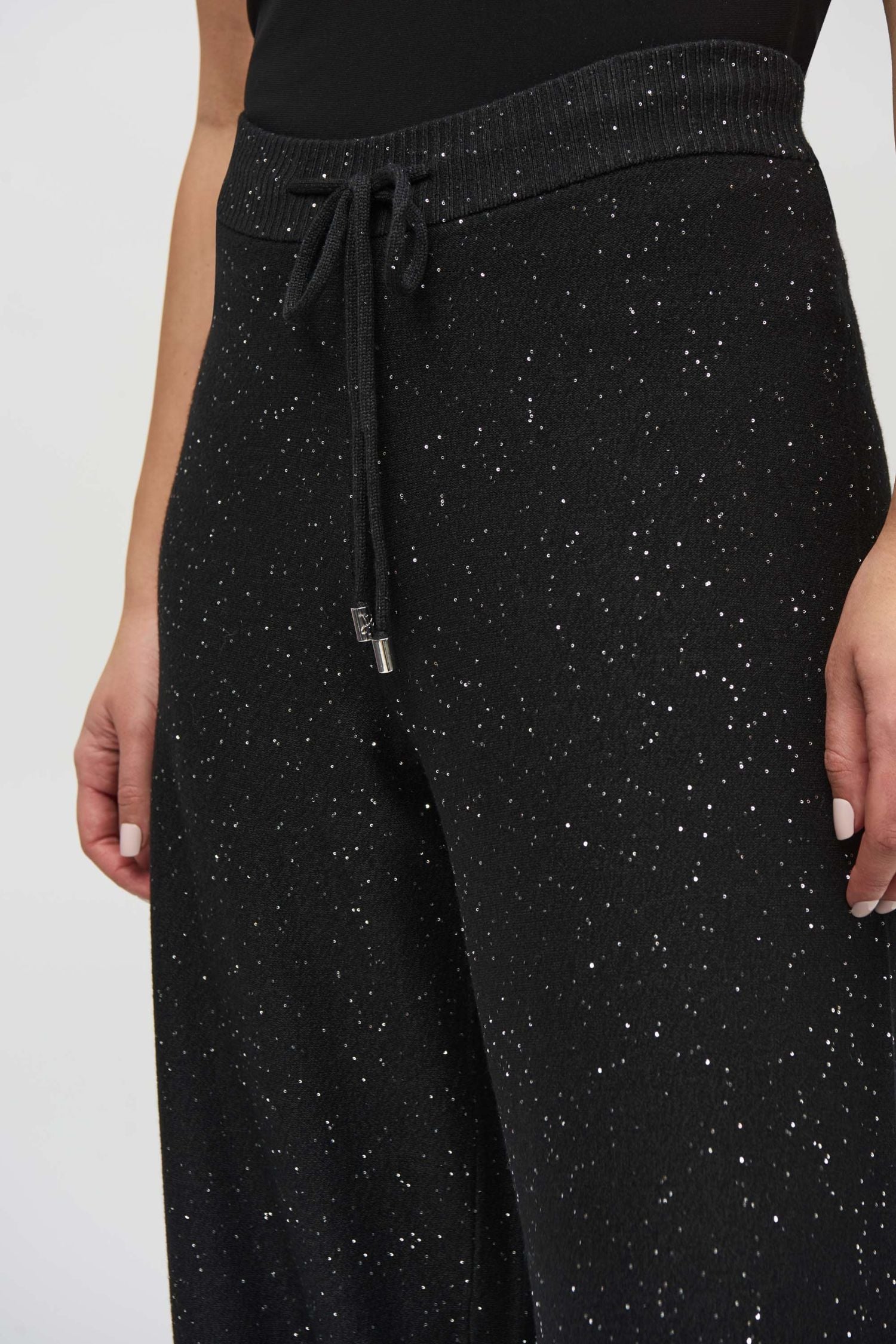 Waistband view of Joseph Ribkoff Sequined Sweater Knit Culotte Pants - Style 244922-BLK in black