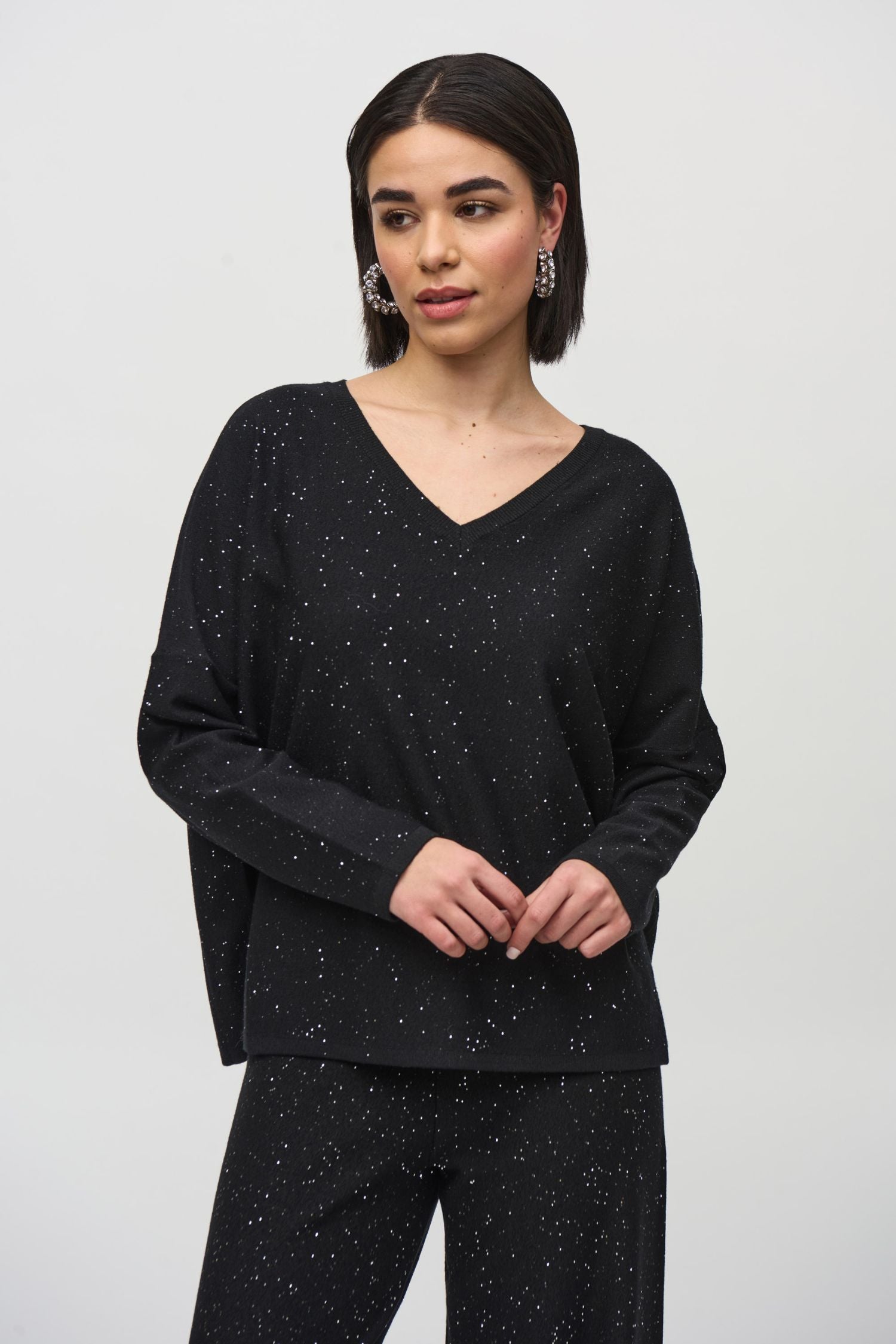 Front view of Joseph Ribkoff Sequined V-Neck Sweater - Style 244921-BLK in black