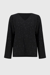 Off model view of Joseph Ribkoff Sequined V-Neck Sweater - Style 244921-BLK in black