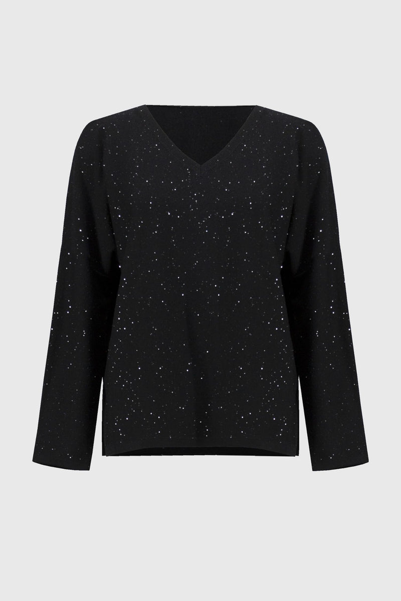 Off model view of Joseph Ribkoff Sequined V-Neck Sweater - Style 244921-BLK in black