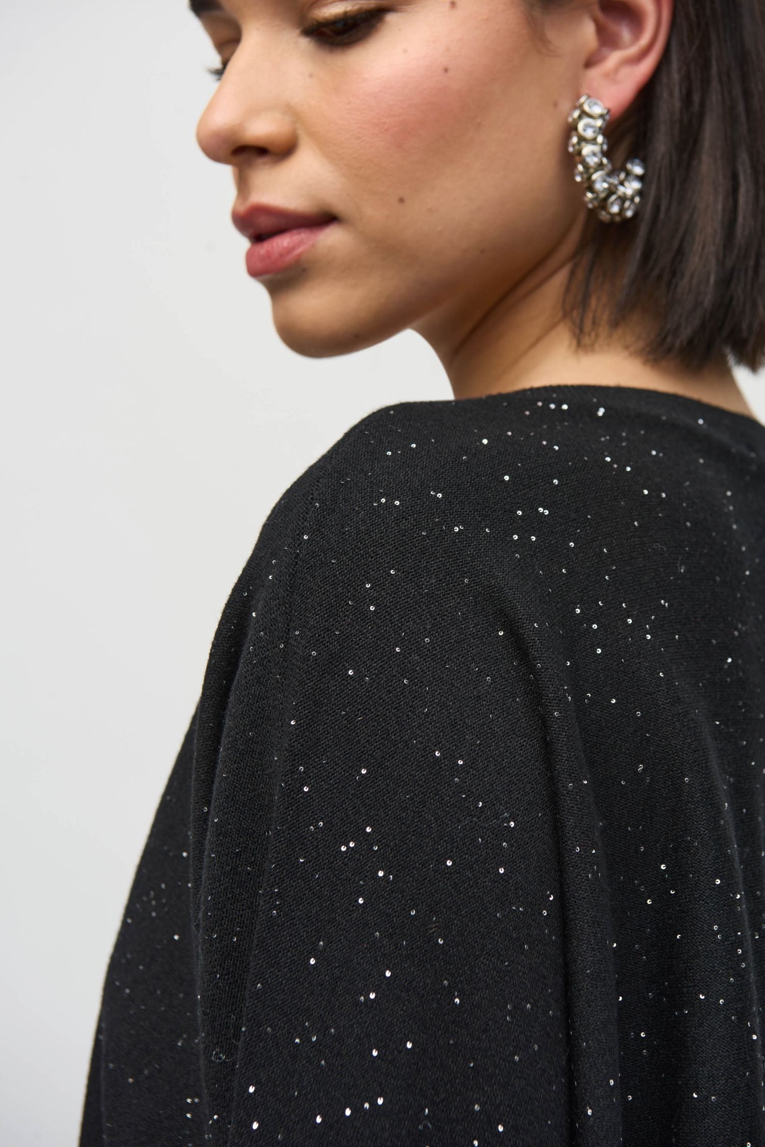 Side closeup view of Joseph Ribkoff Sequined V-Neck Sweater - Style 244921-BLK in black