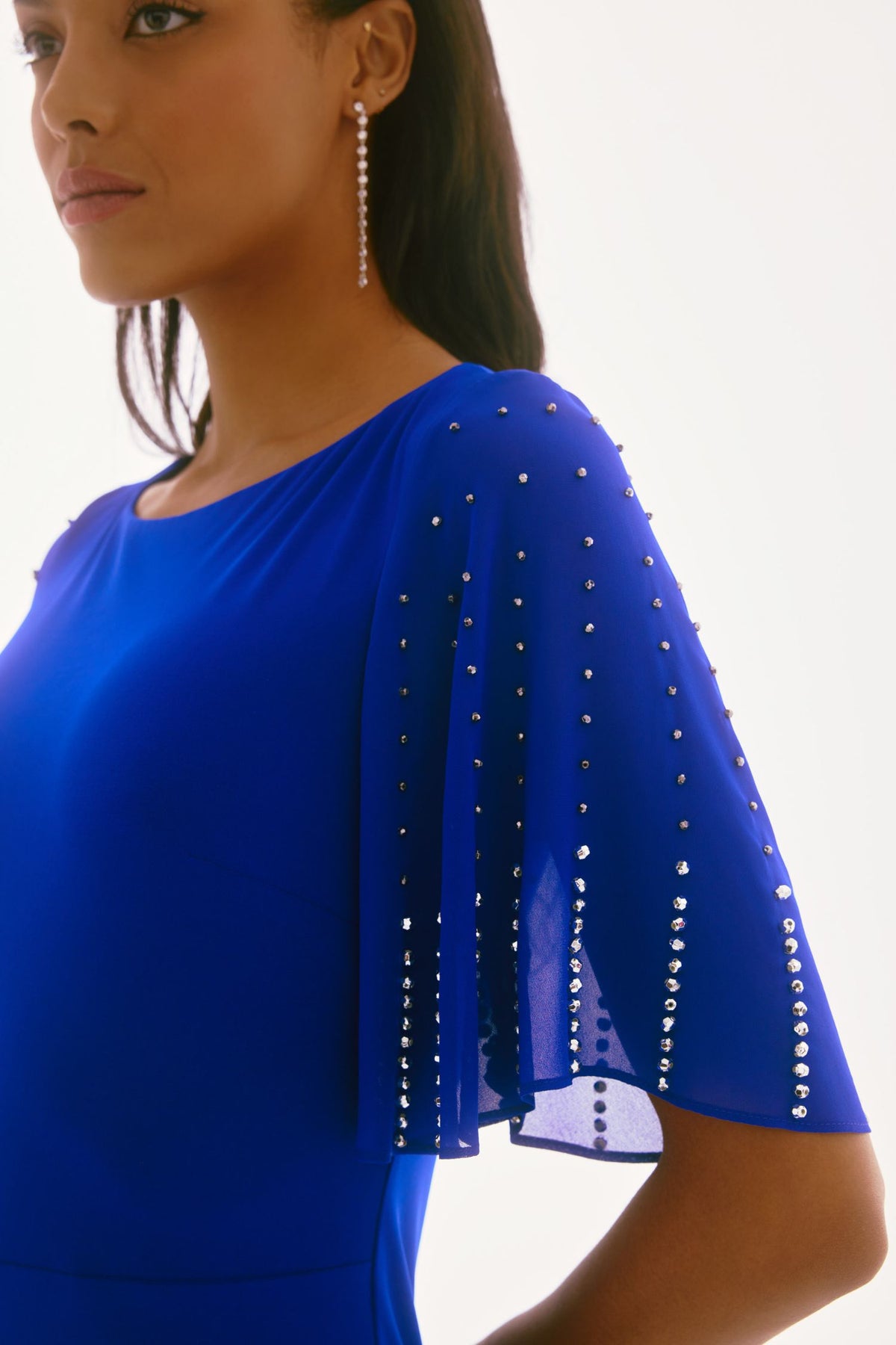 Sleeve view of Joseph Ribkoff Signature Silky Knit and Chiffon Sheath Dress - Style 251721-RS