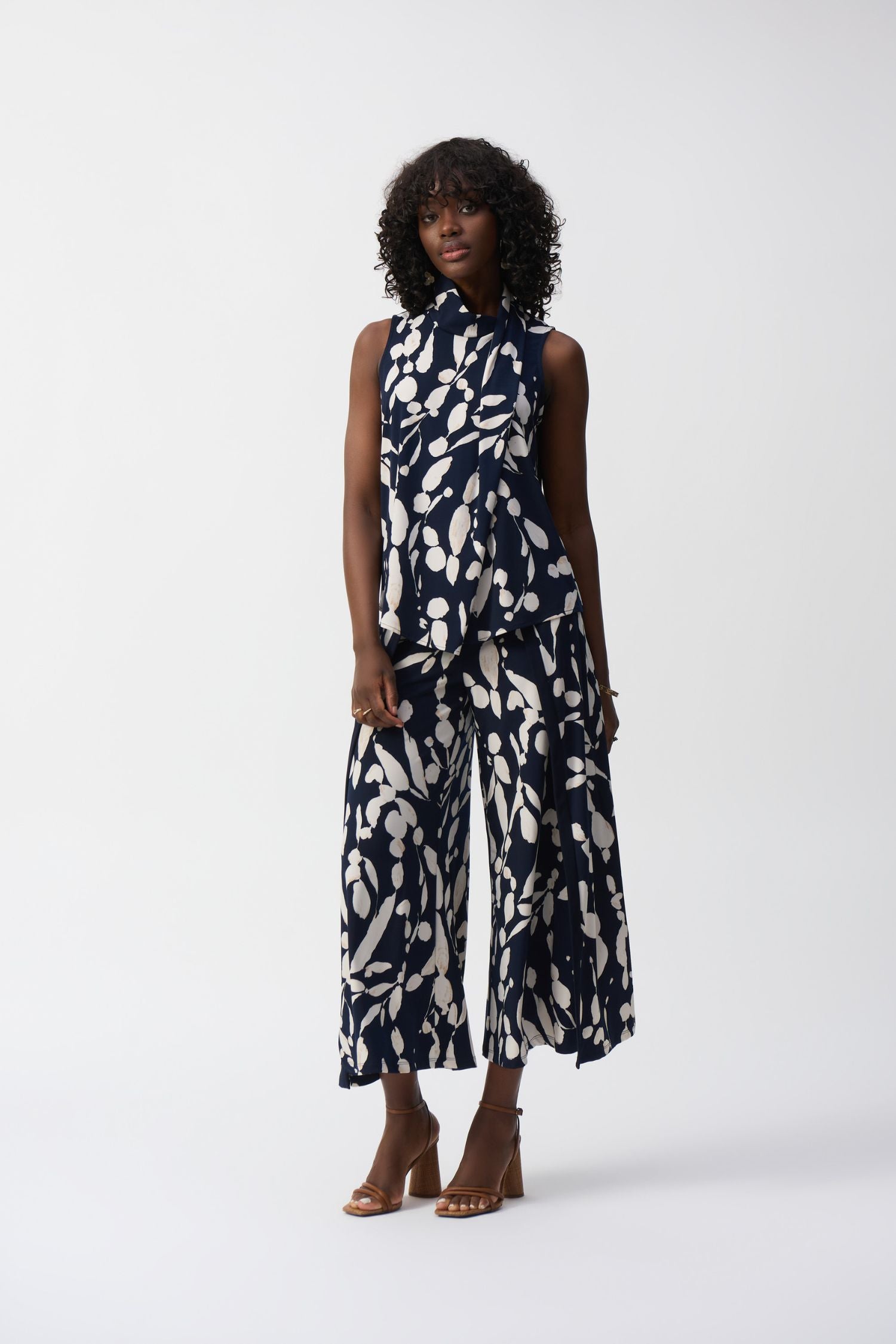 Full outfit front view of Joseph Ribkoff Silky Knit Abstract Print Sleeveless Top - Style 251251