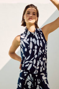 Lifestyle front view of Joseph Ribkoff Silky Knit Abstract Print Sleeveless Top - Style 251251