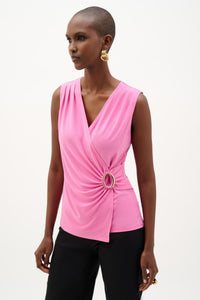 Front view of Joseph Ribkoff Silky Knit Fitted Wrap Top – Style 262072 in pink sherbert