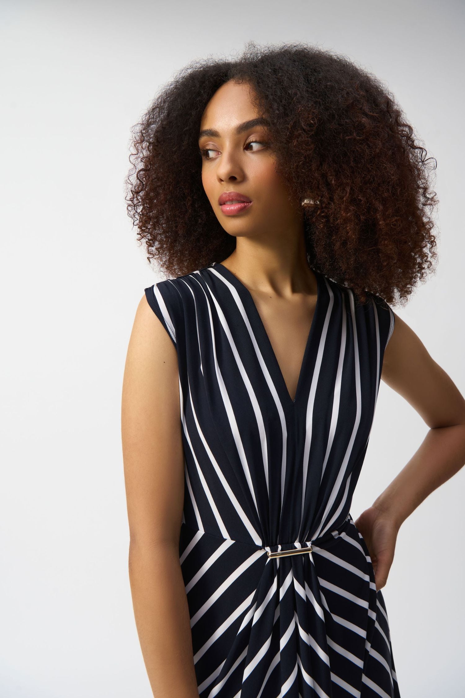 Front top closeup of Joseph Ribkoff Silky Knit Stripe Fit and Flare Dress - Style 251295-MB/VAN