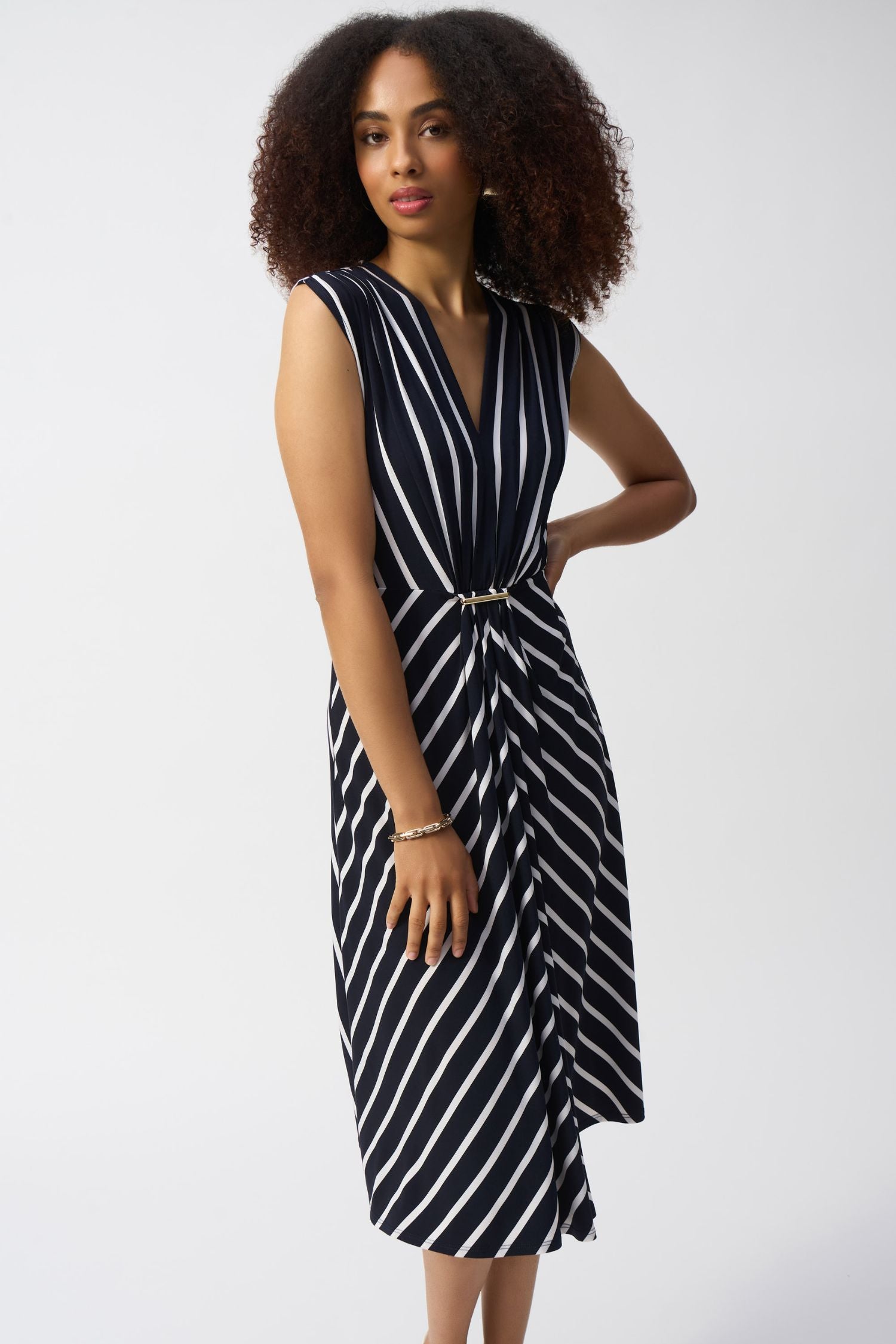Front view of Joseph Ribkoff Silky Knit Stripe Fit and Flare Dress - Style 251295-MB/VAN