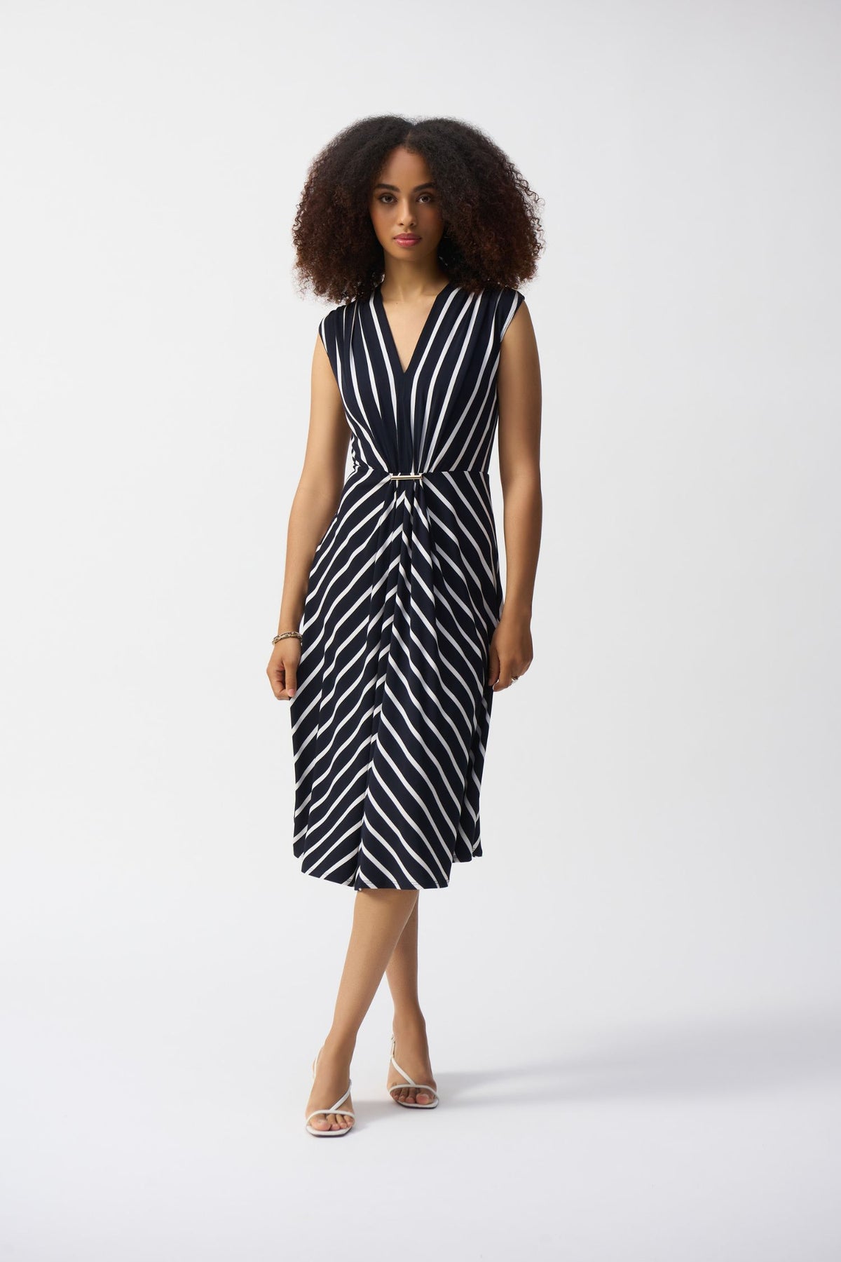 Front view of Joseph Ribkoff Silky Knit Stripe Fit and Flare Dress - Style 251295-MB/VAN