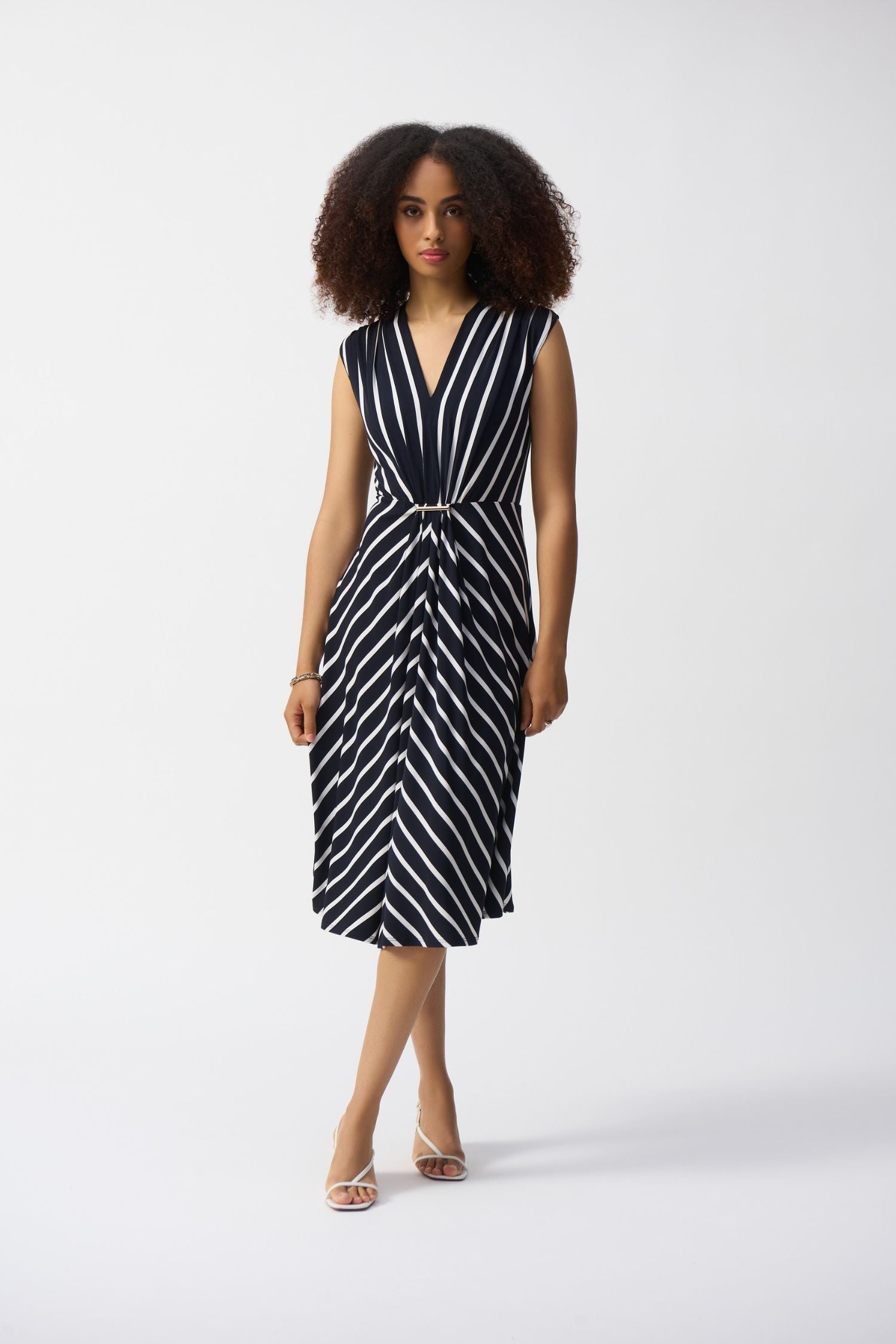 Front view of Joseph Ribkoff Silky Knit Stripe Fit and Flare Dress - Style 251295-MB/VAN