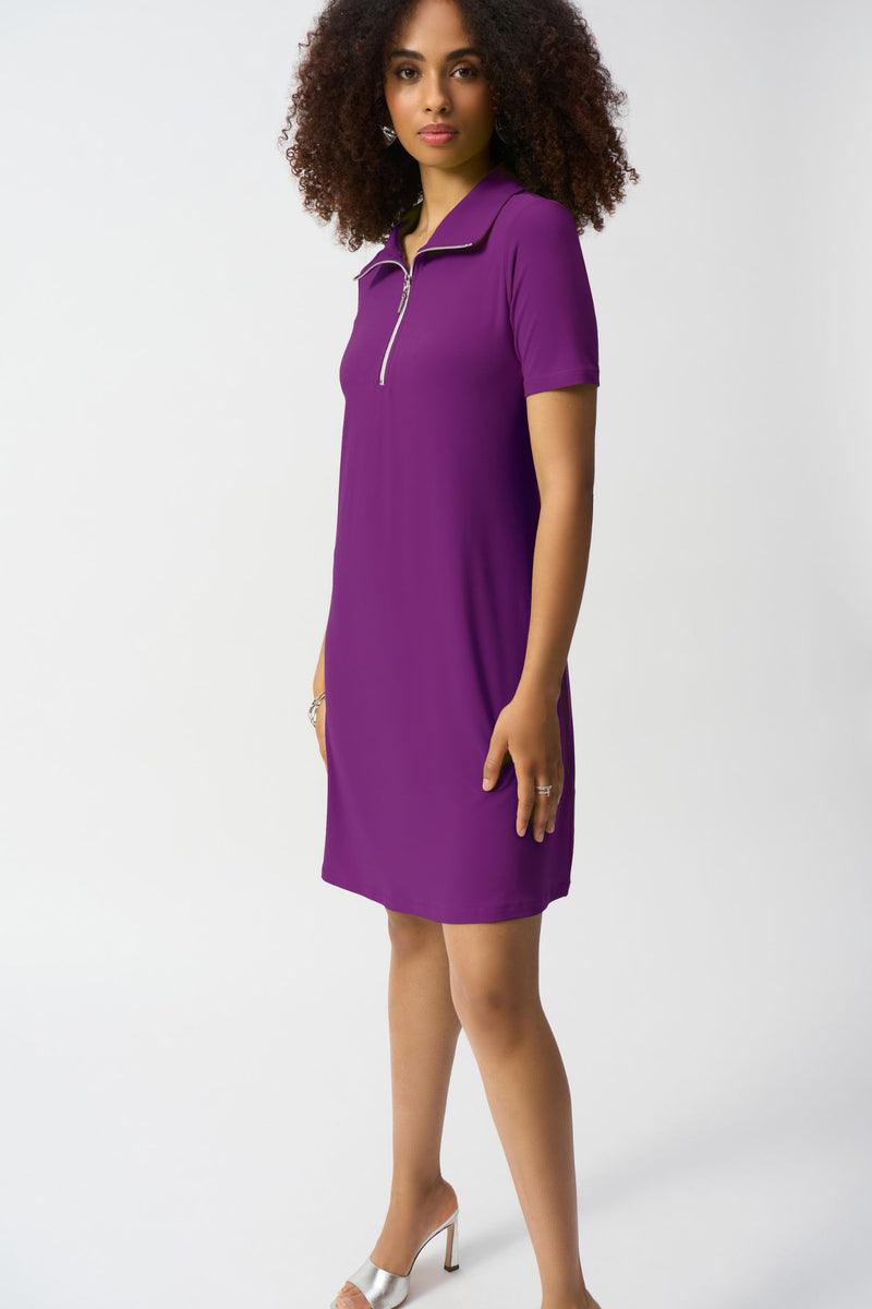 Side view of Joseph Ribkoff Silky Knit Zipped Collar Trapeze Dress - Style 251145-PO in purple orchid