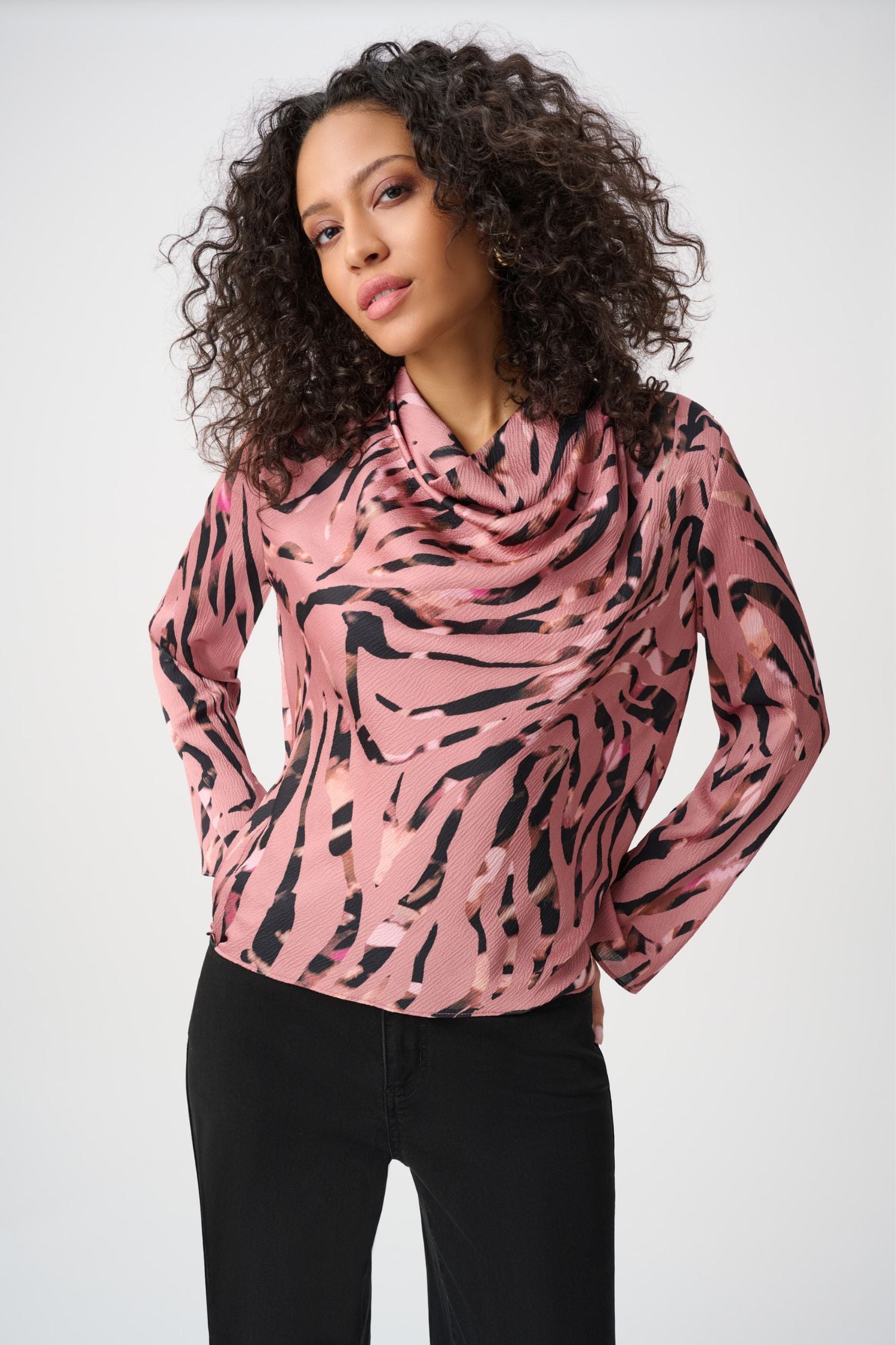 Front view of Joseph Ribkoff Textured Satin Animal-Print Cowl Neck Top - Style 263003