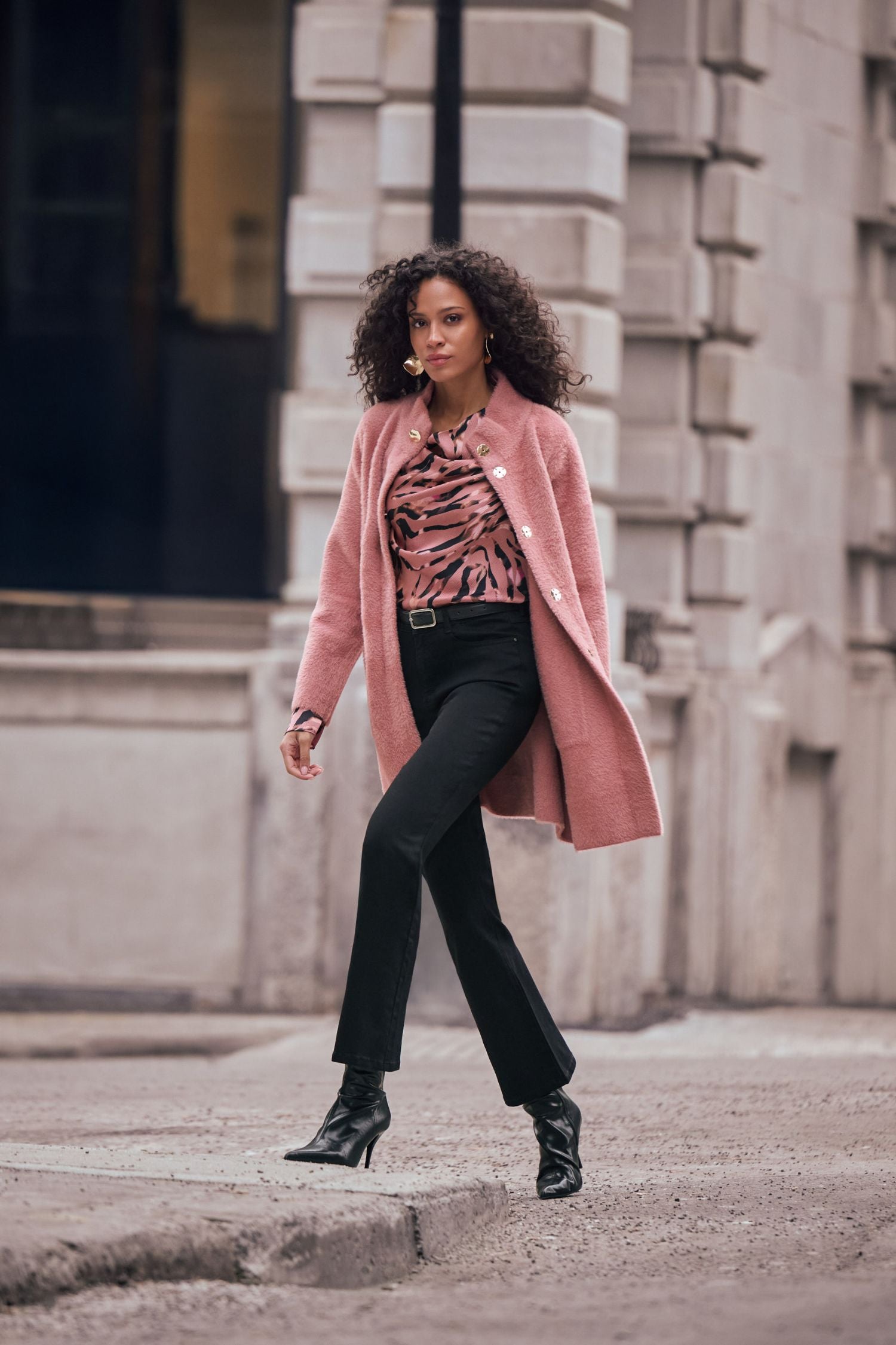 Lifestyle view of Joseph Ribkoff Textured Satin Animal-Print Cowl Neck Top - Style 263003