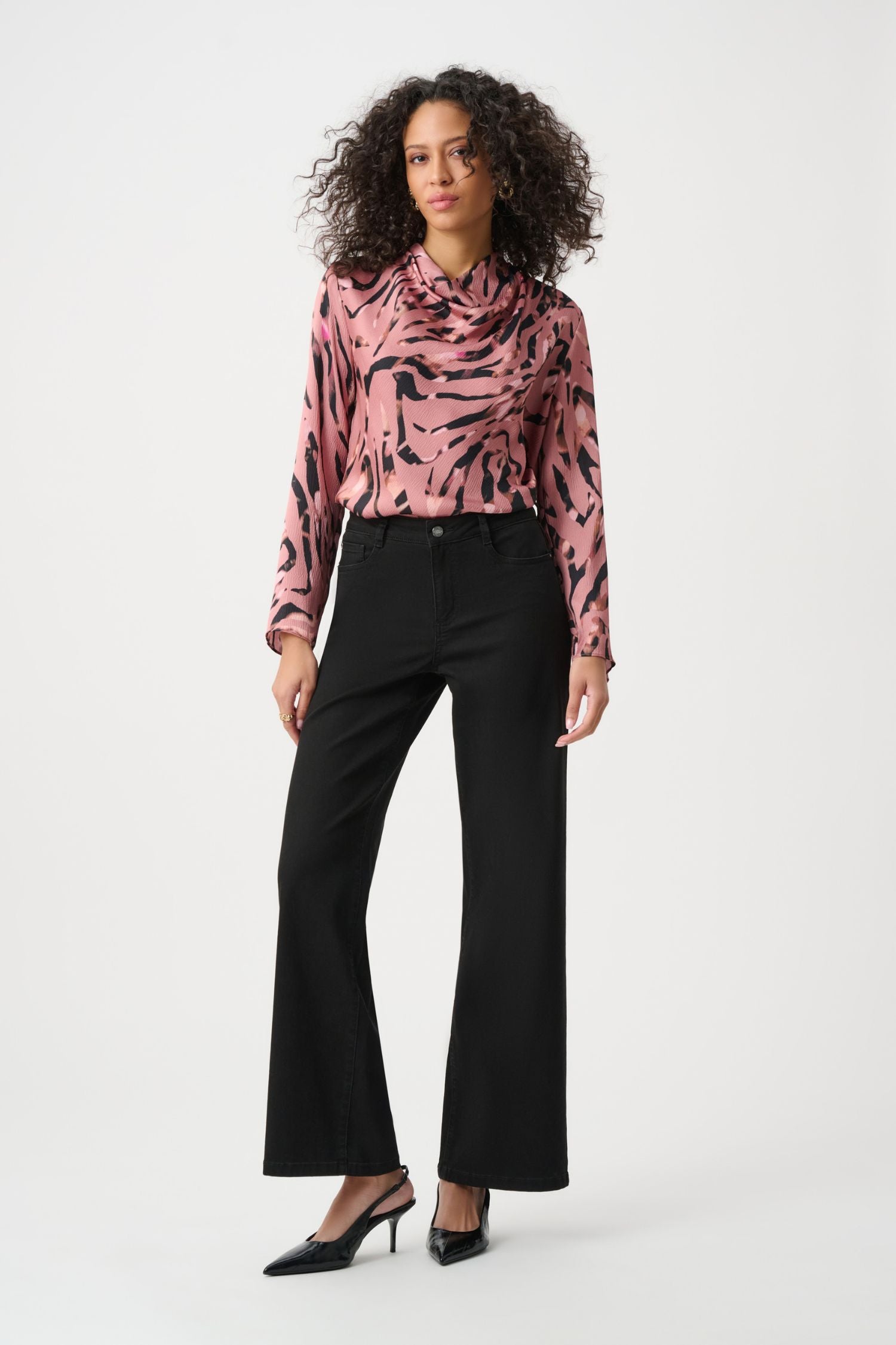 Outfit view of Joseph Ribkoff Textured Satin Animal-Print Cowl Neck Top - Style 263003