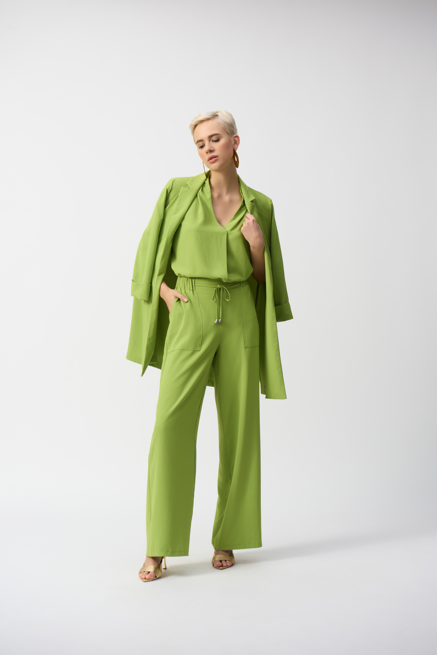 Joseph Ribkoff Textured Woven Wide-Leg Pants - Style 251185-GRN Joseph Ribkoff Textured Woven Wide-Leg Pants - Style 251185-GRN