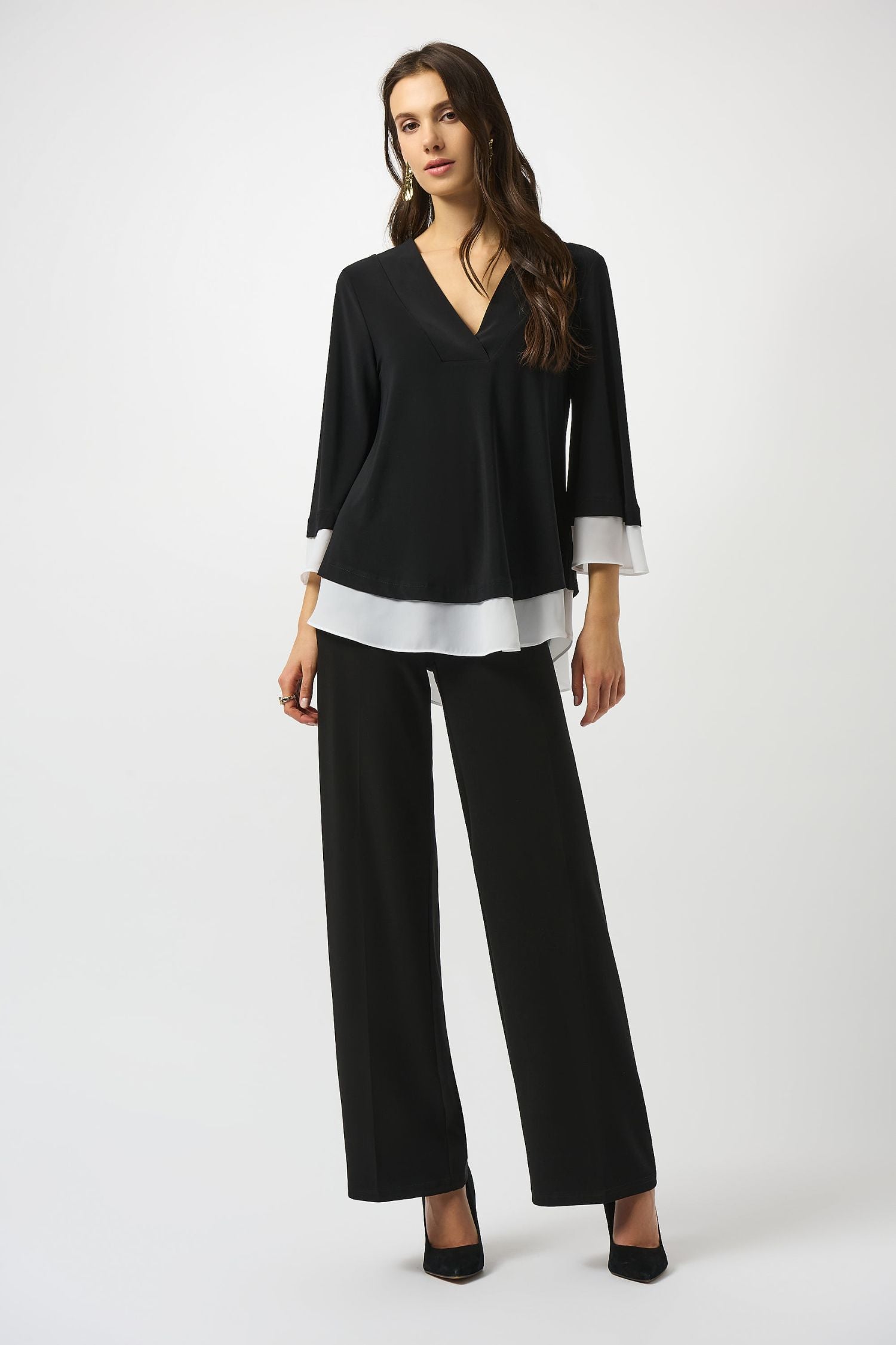 Front view2 of Joseph Ribkoff V-Neck Top - Style 253082-BLK/OW