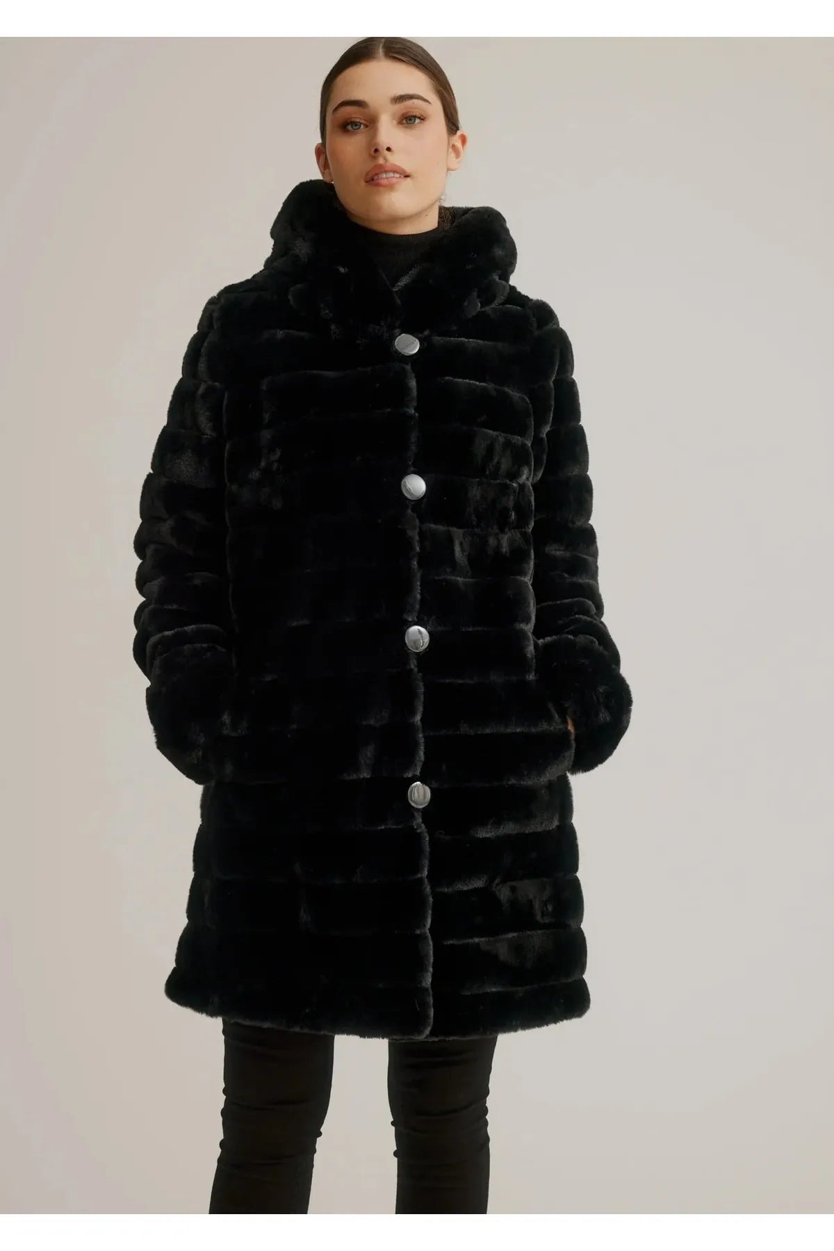 Nikki Jones Reversible Faux Fur Jacket - Style K4129RO, front, faux fur, black