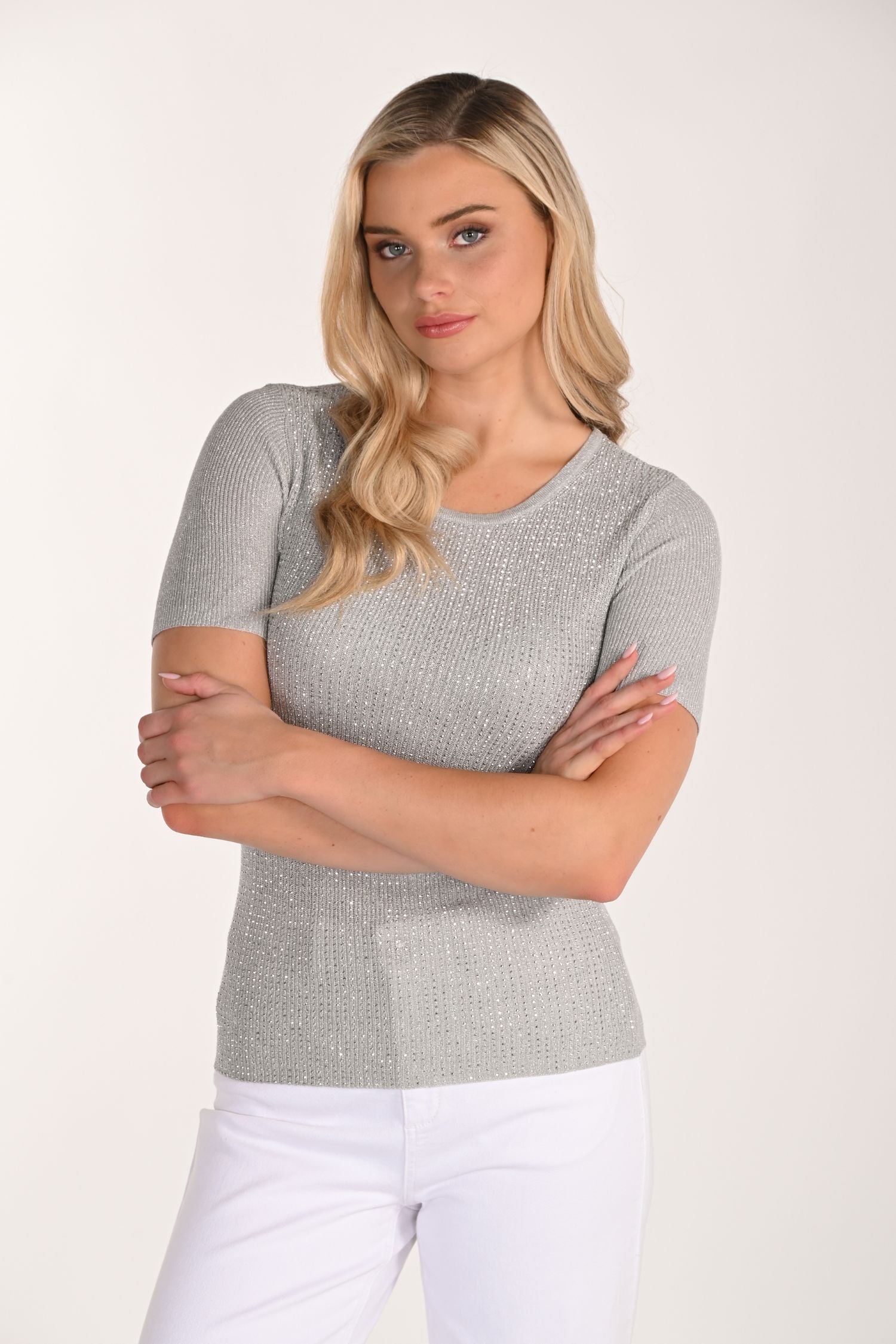 Front2 view of Lyman Embellished Knit Top - Style 266563 in grey