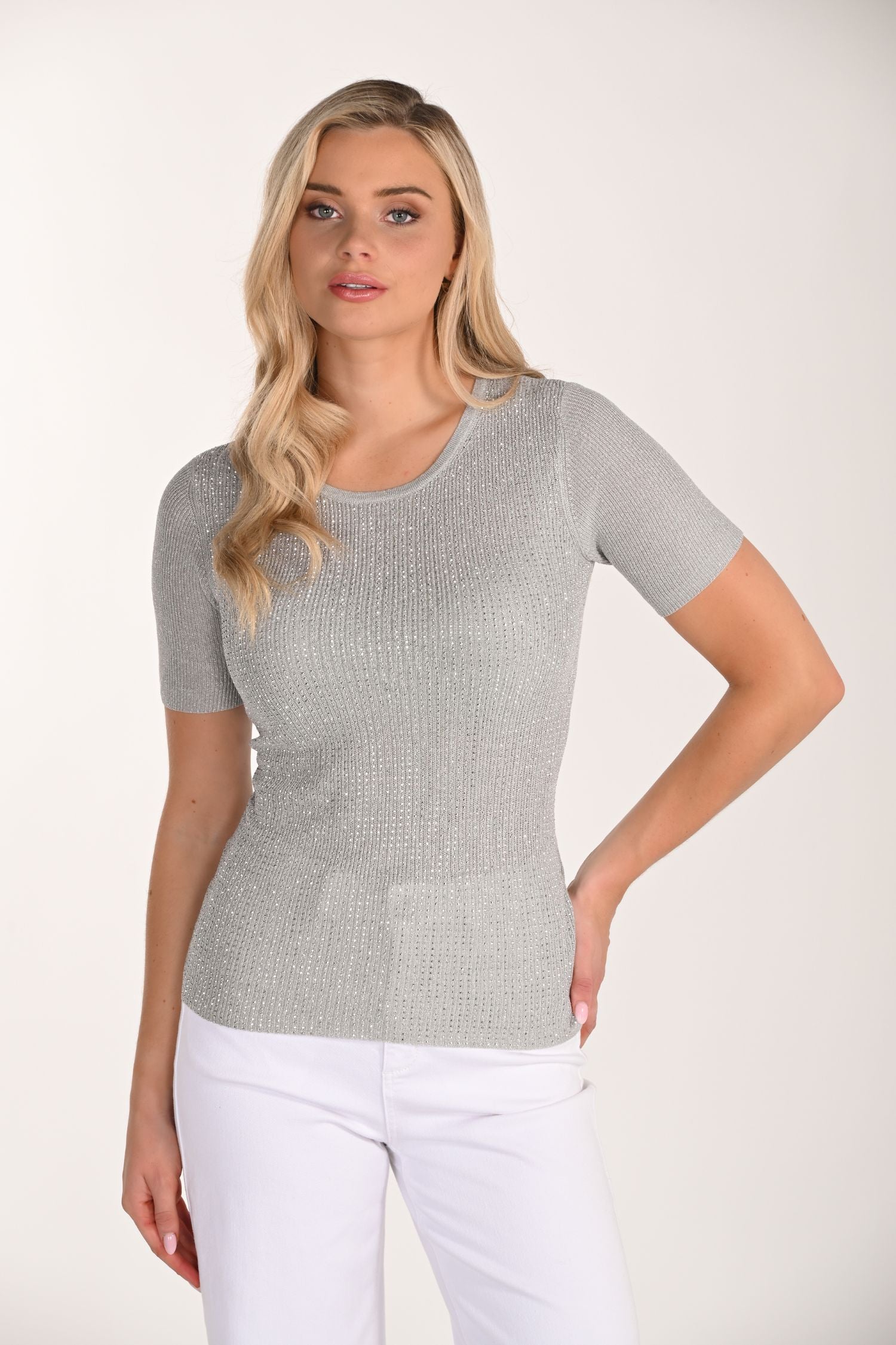 Front view of Lyman Embellished Knit Top - Style 266563 in grey