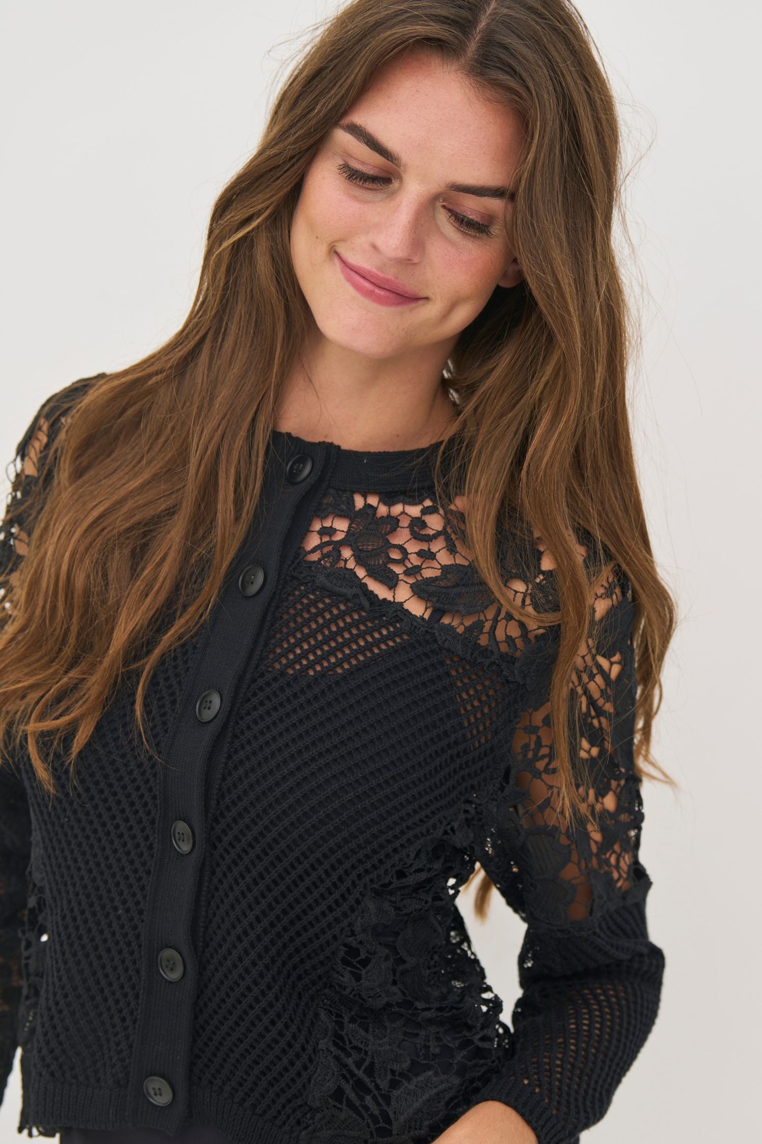 Front closeup of NU Denmark Knit Cardigan - Style 8801-60 in black