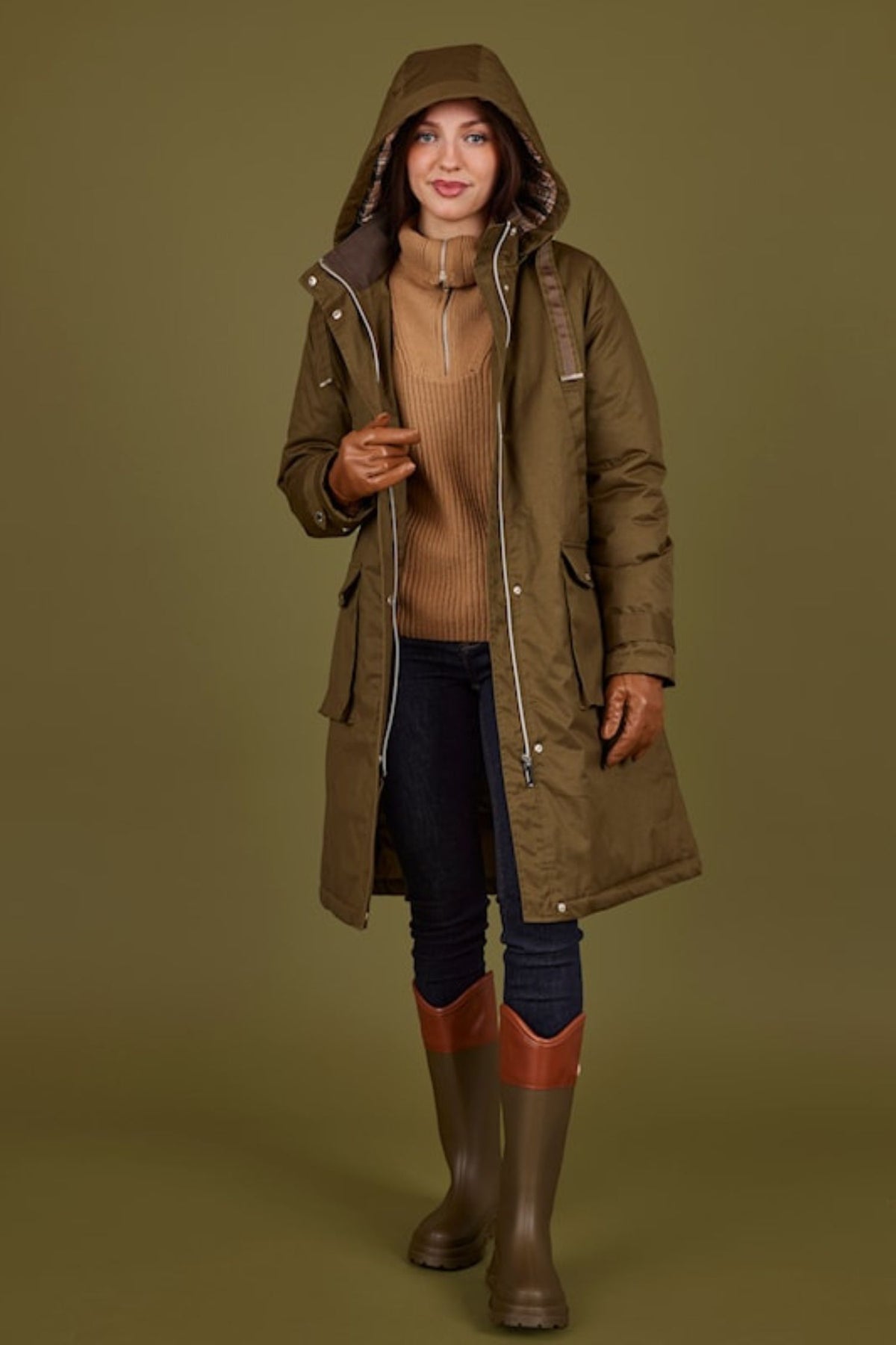 Lifestyle view with hood up of Normann Coat - Style 4309-4440