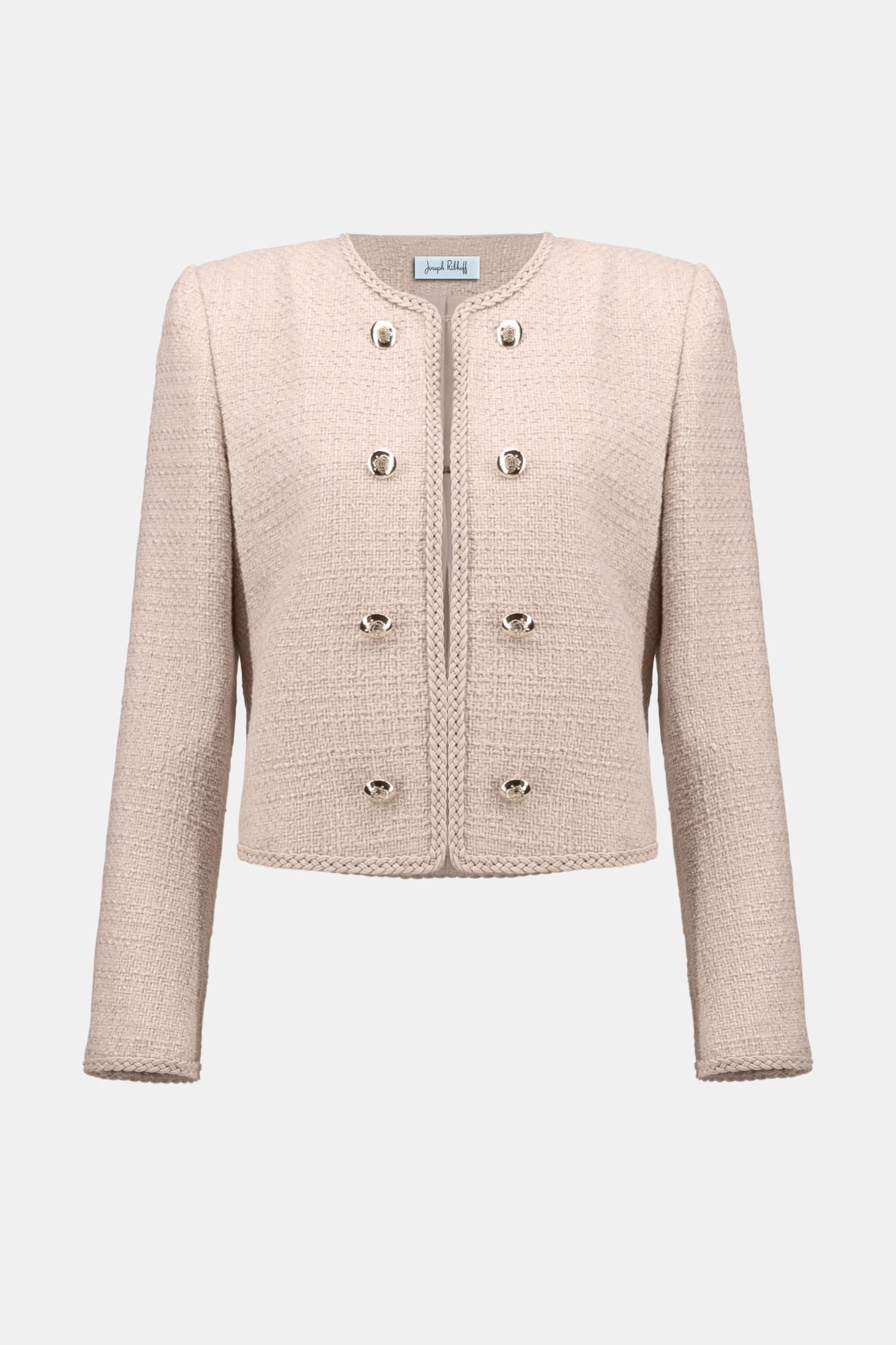 Off model view of Joseph Ribkoff Bouclé Collarless Jacket with Buttons - Style 254903 in rose