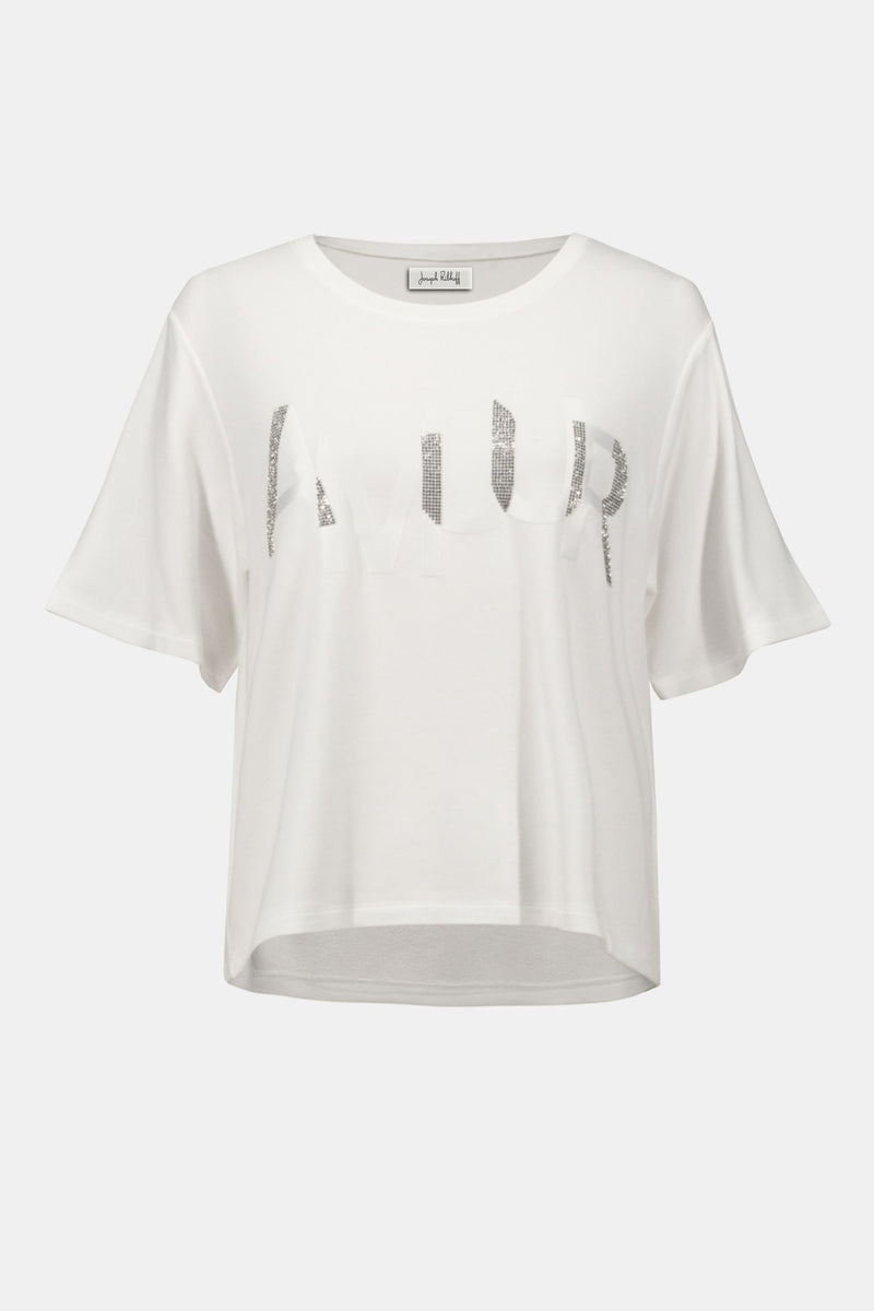Off model view of Joseph Ribkoff Amour Knit T-Shirt with Rhinestone Detail - 254958-WW