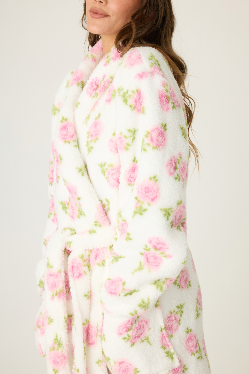 Closeup side view of PJ Salvage Let's Get Cozy Floral Print Robe - Style RUCOR