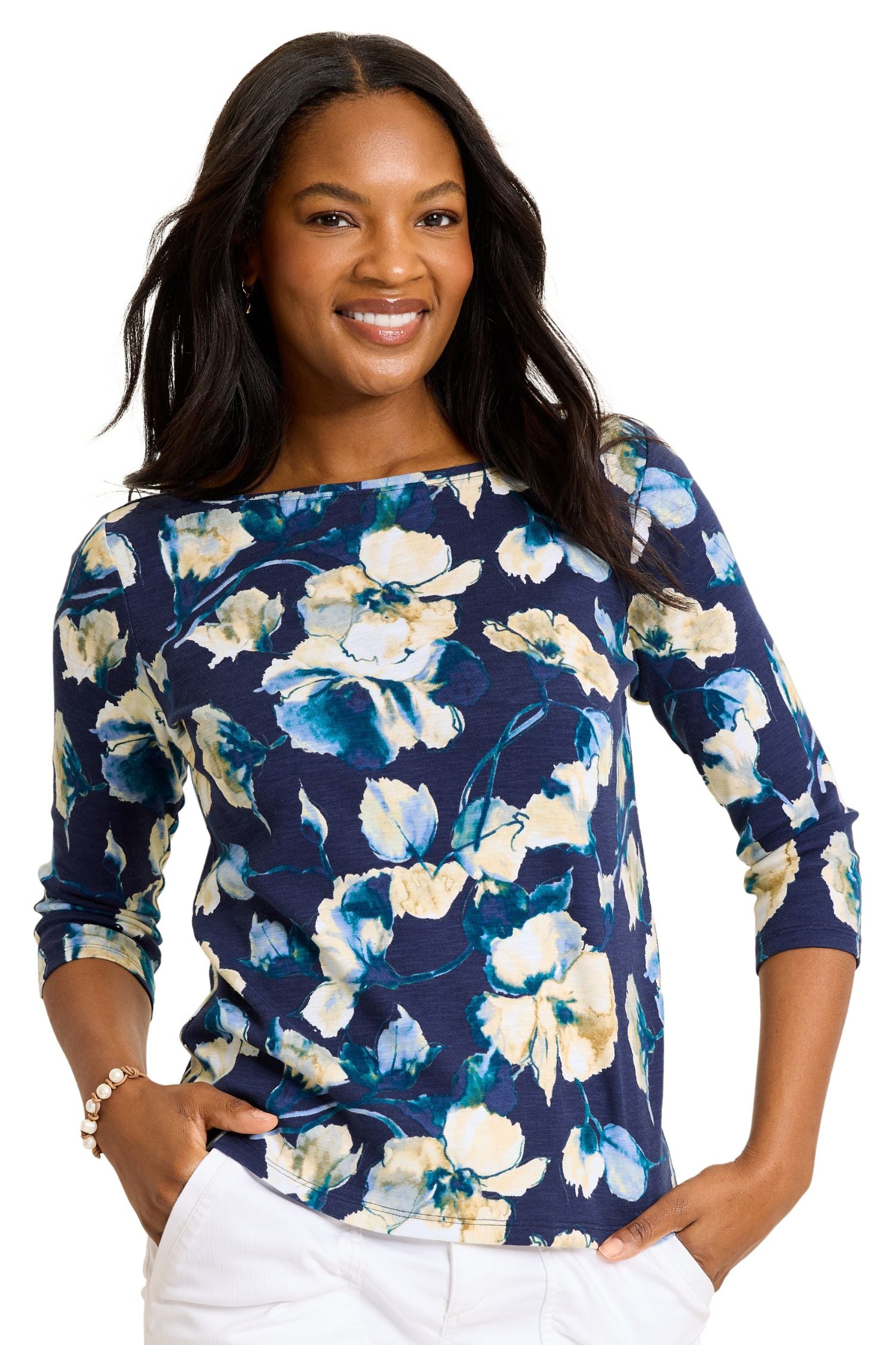 Front view of Tommy Bahama Ashby Isles Beleza Blossom Bateau-Neck T-Shirt - Style SW222336