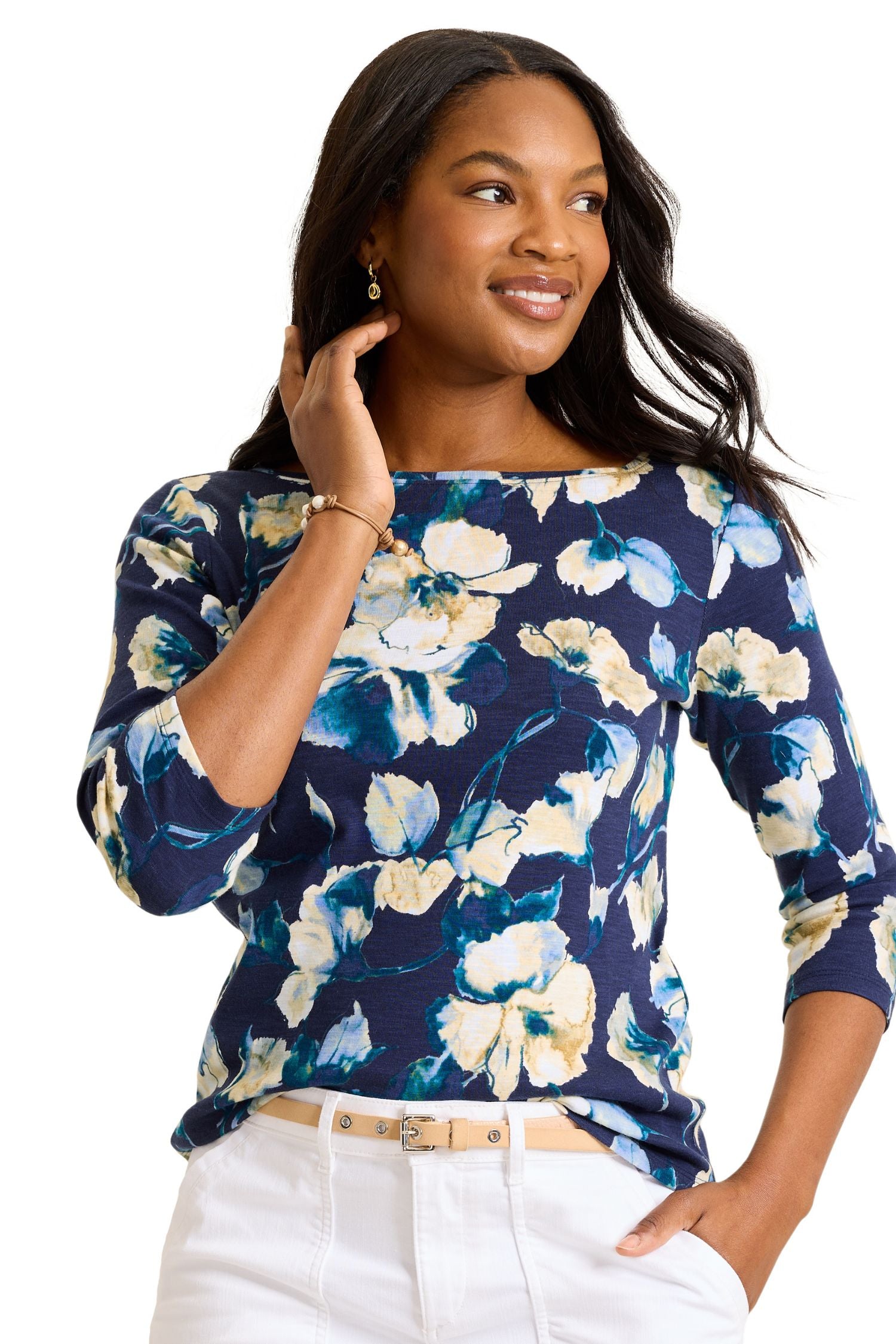 Front view2 of Tommy Bahama Ashby Isles Beleza Blossom Bateau-Neck T-Shirt - Style SW222336