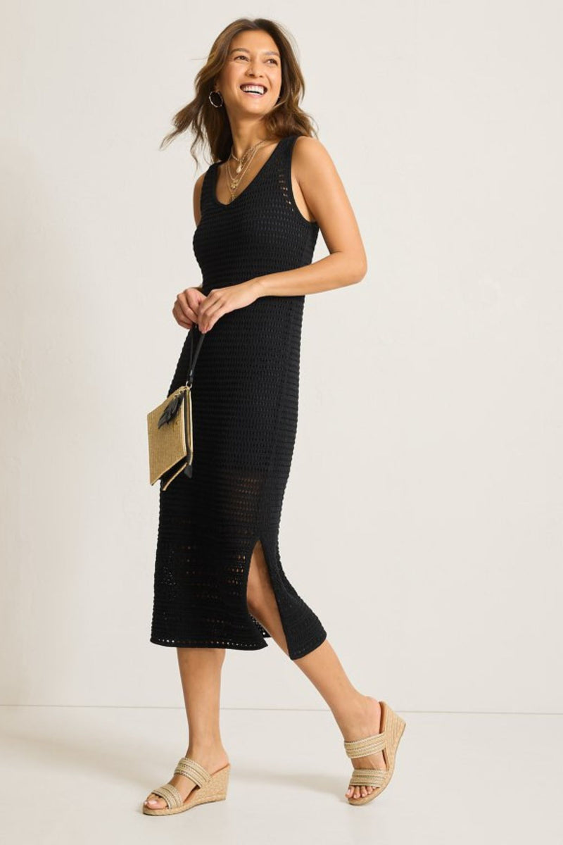 Side view of Tommy Bahama Crochet Midi Dress - Style SW622422 in black