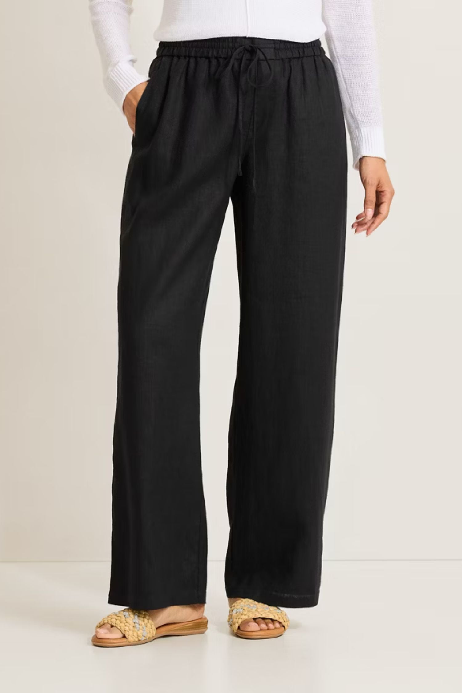 Front view of Tommy Bahama Two Palms High-Rise Linen Easy Pants - Style SW121111 in black