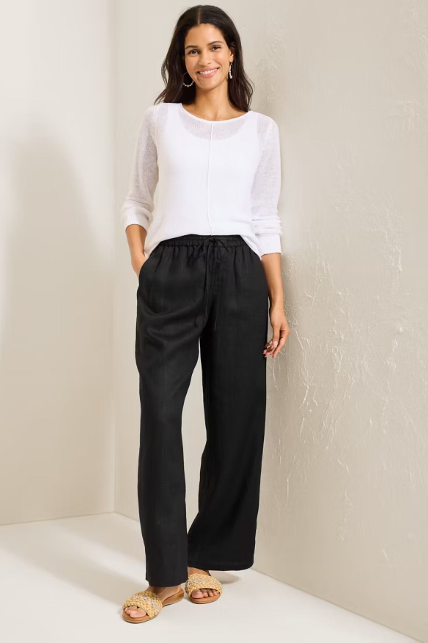 Outfit view of Tommy Bahama Two Palms High-Rise Linen Easy Pants - Style SW121111 in black
