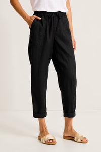 Front view of Tommy Bahama Two Palms High-Rise Tapered Linen Pants - Style SW121123 in black