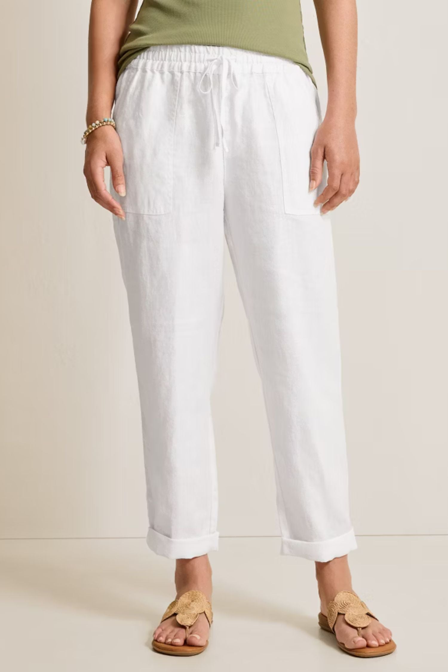 Front view of Tommy Bahama Two Palms High-Rise Tapered Linen Pants - Style SW121123 in white