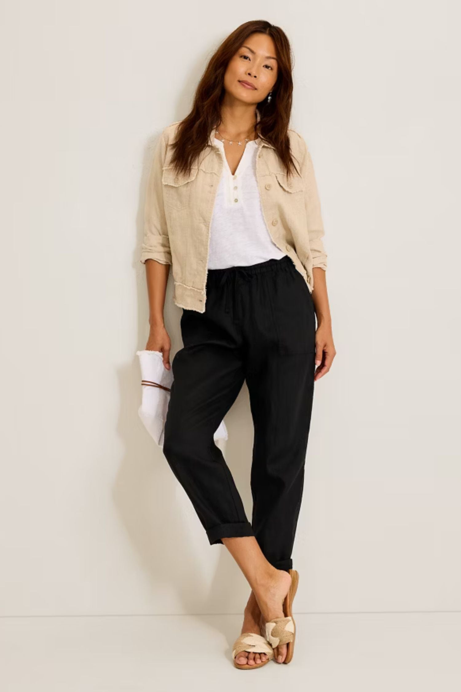 Outfit view of Tommy Bahama Two Palms High-Rise Tapered Linen Pants - Style SW121123 in black