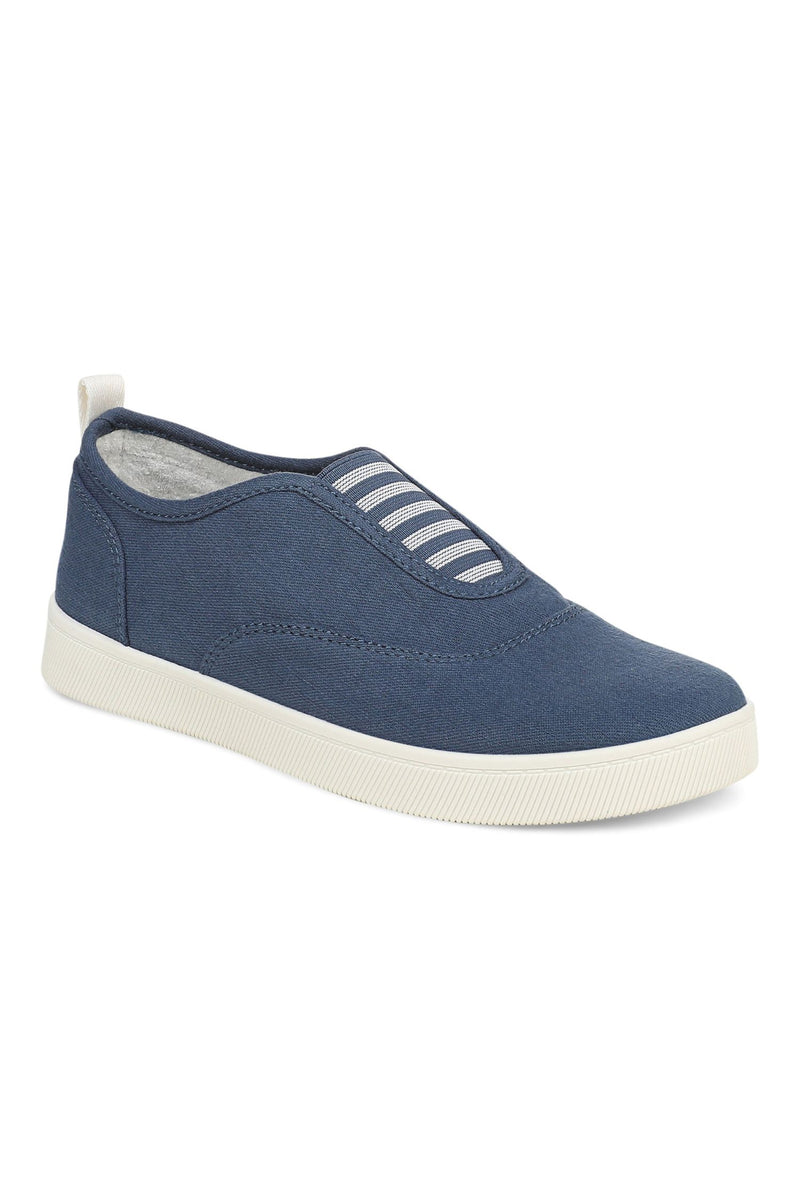 Front angle view of Vionic Cobalt Slip-On Sneaker in denim