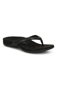 Angle view of Vionic Dillon Shine Toe-Post Sandal in black