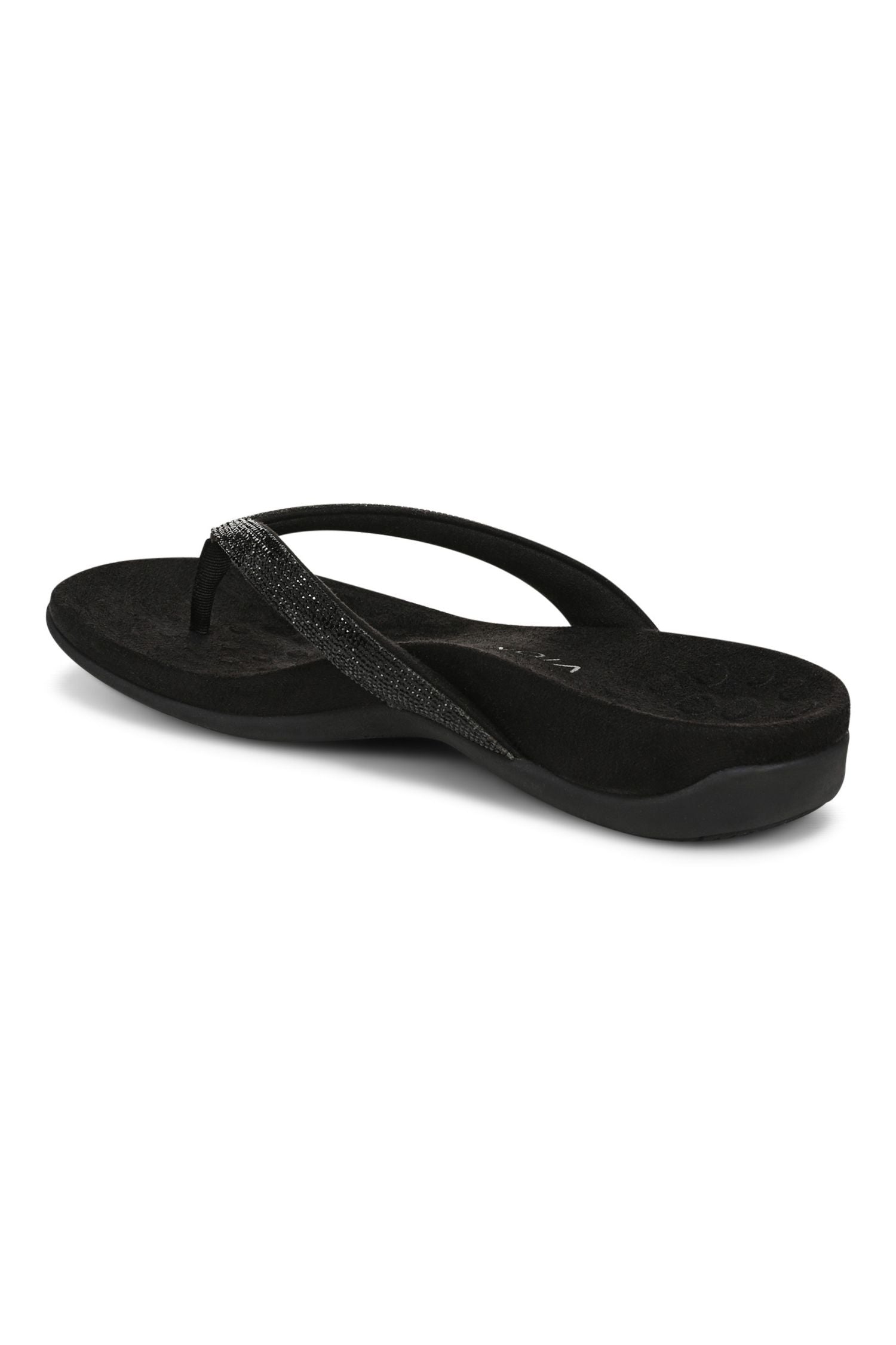Back angle view of Vionic Dillon Shine Toe-Post Sandal in black
