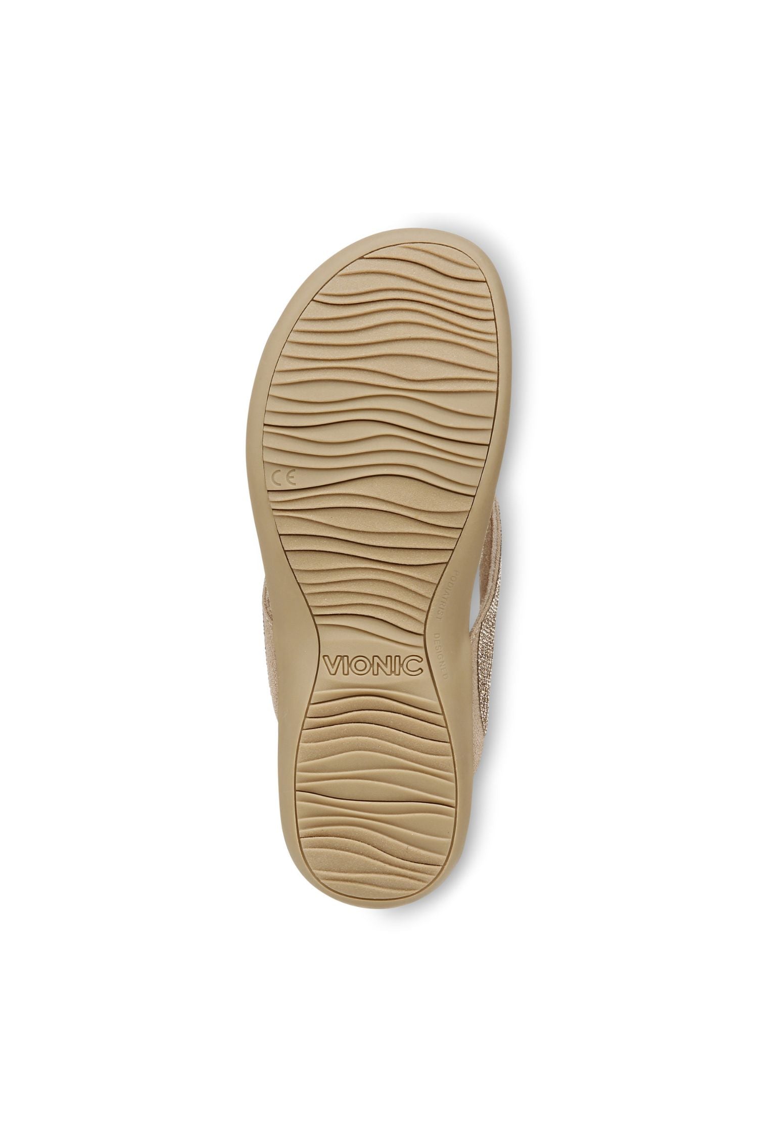Bottom view of Vionic Dillon Shine Toe-Post Sandal of champagne