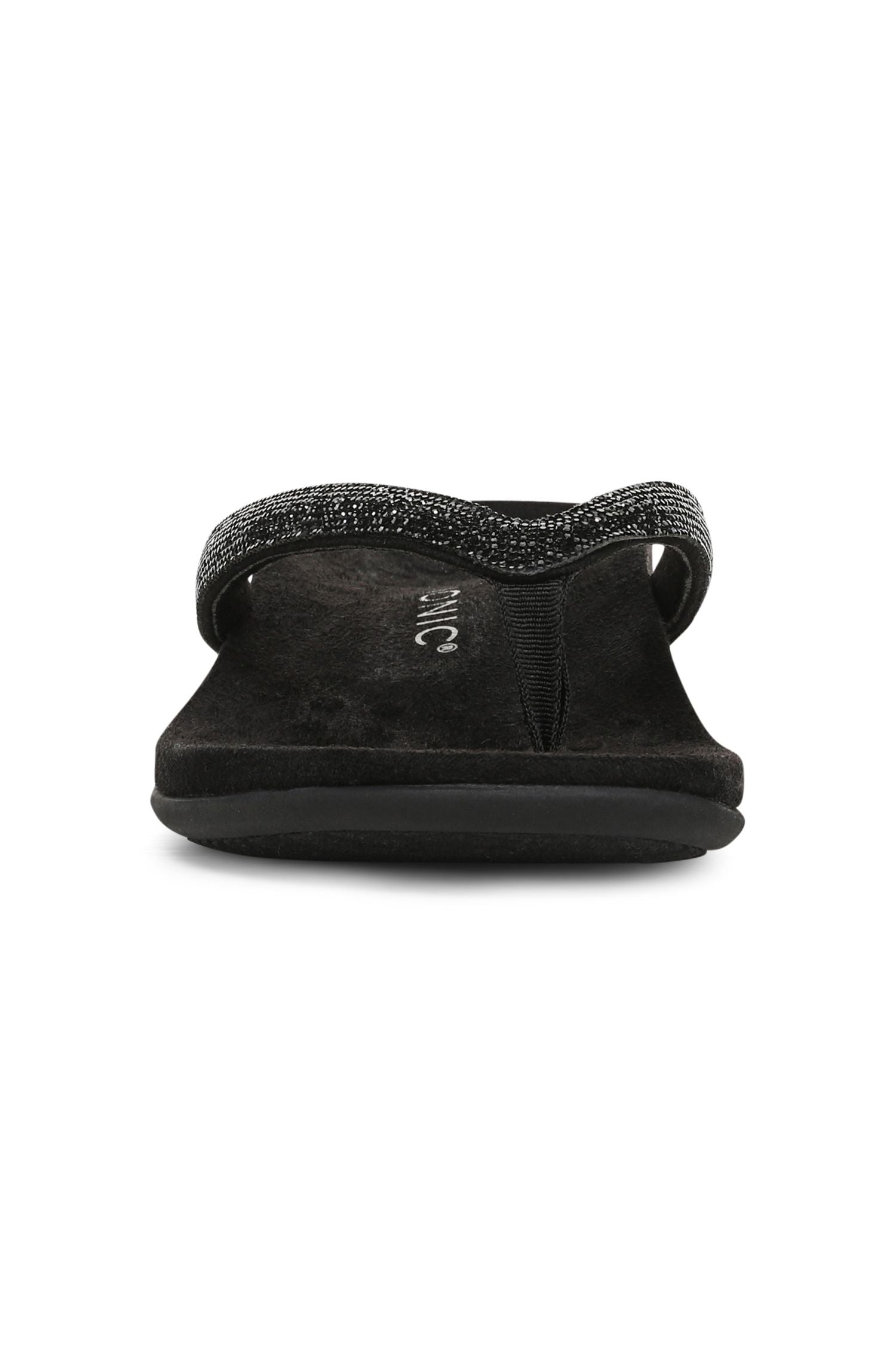 Front view of Vionic Dillon Shine Toe-Post Sandal in black