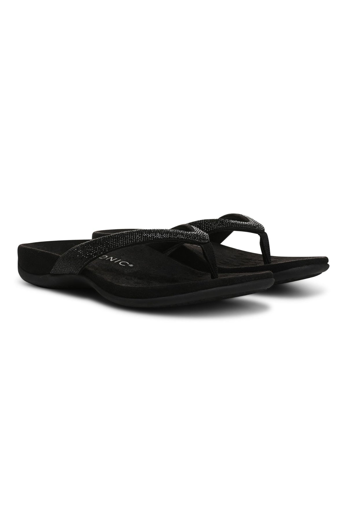 Pair view of Vionic Dillon Shine Toe-Post Sandal in black