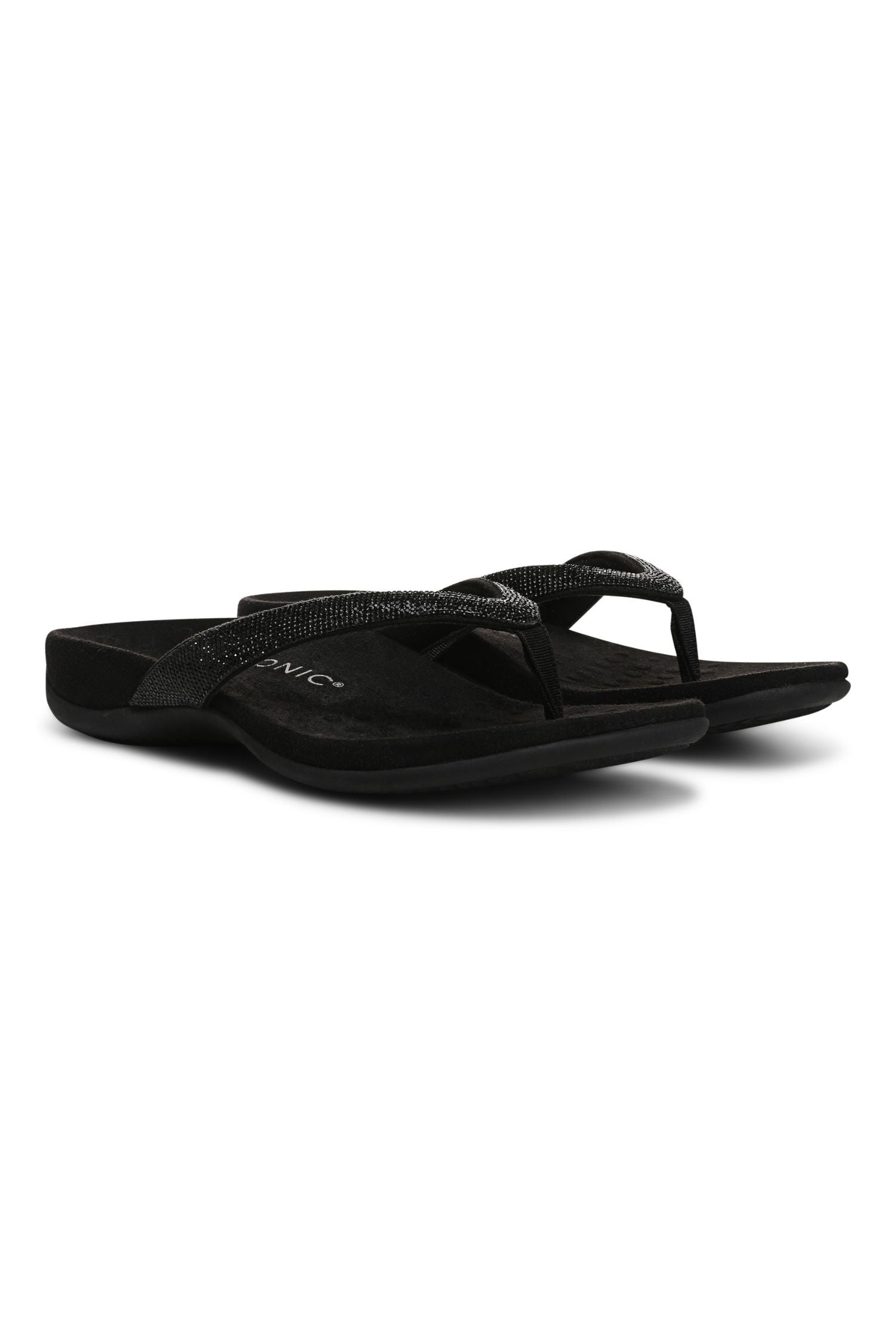 Pair view of Vionic Dillon Shine Toe-Post Sandal in black