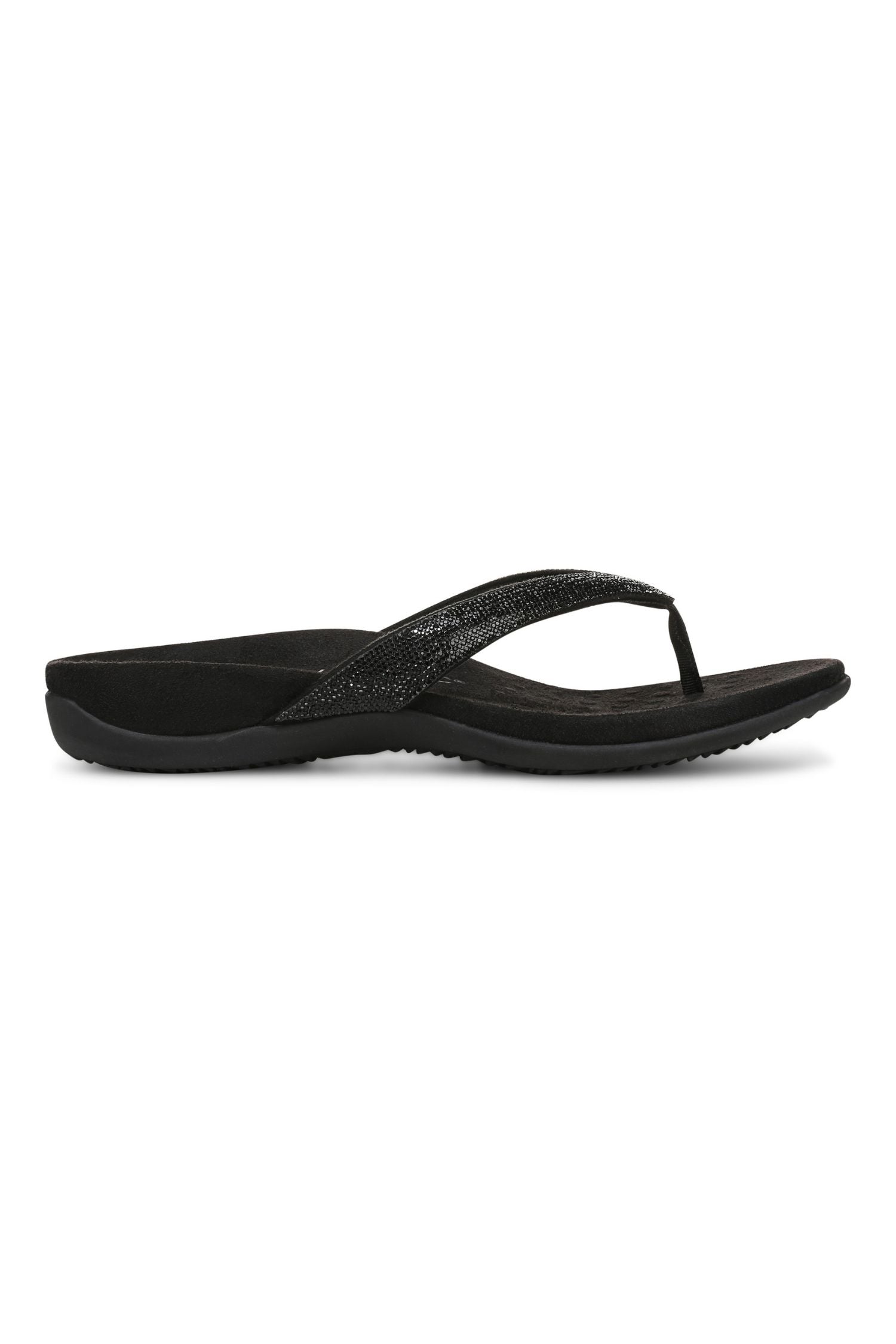 Side view of Vionic Dillon Shine Toe-Post Sandal in black