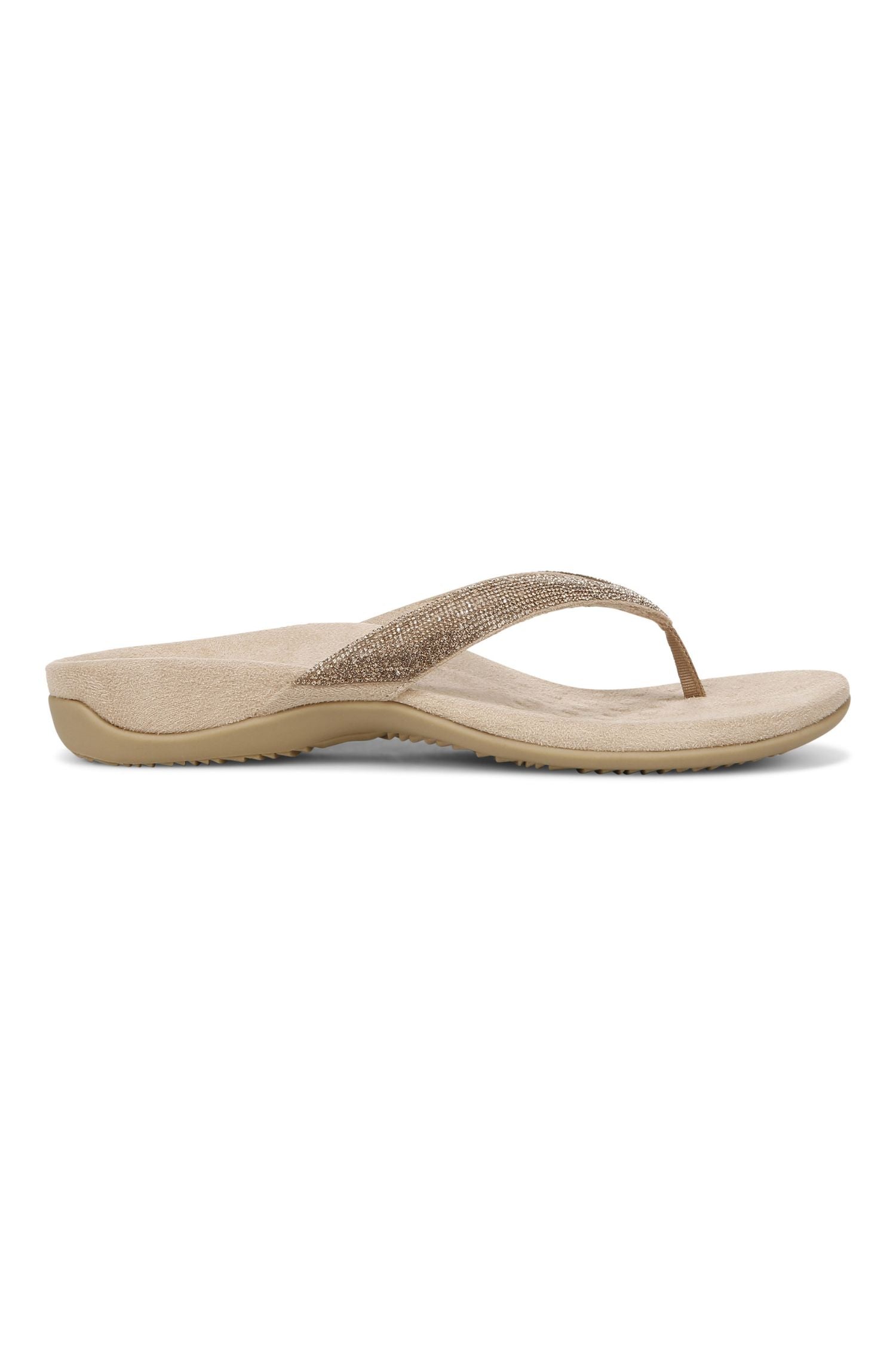 Side view of Vionic Dillon Shine Toe-Post Sandal in champagne