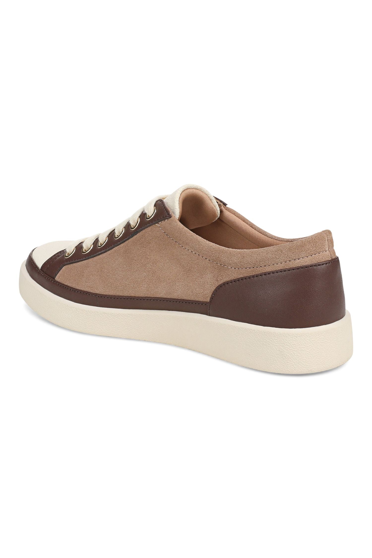 Back angle view of Vionic Essence Lace-Up Fashion Sneaker - Style Winny in desert sand multi