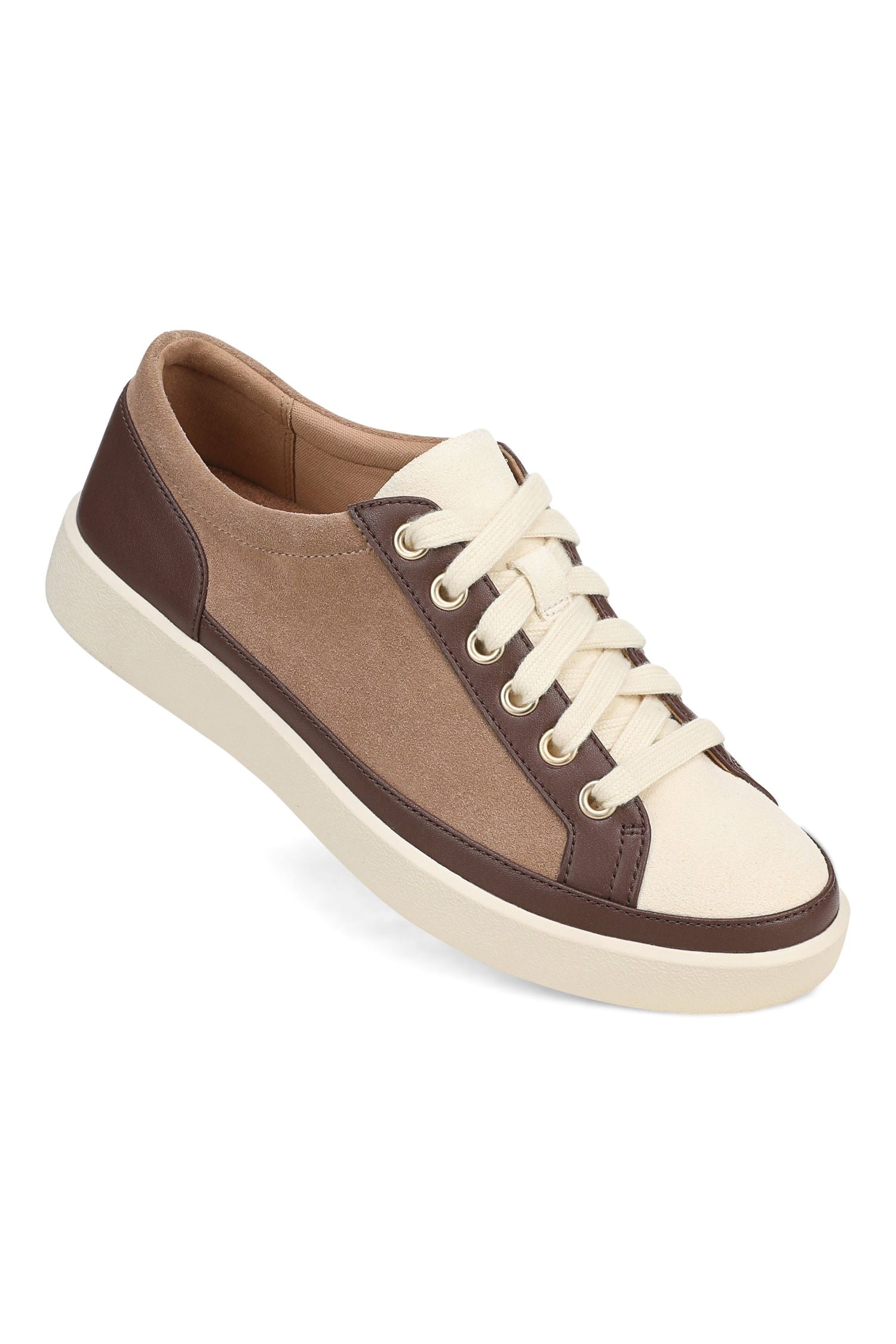 Side angle view of Vionic Essence Lace-Up Fashion Sneaker - Style Winny in desert sand multi