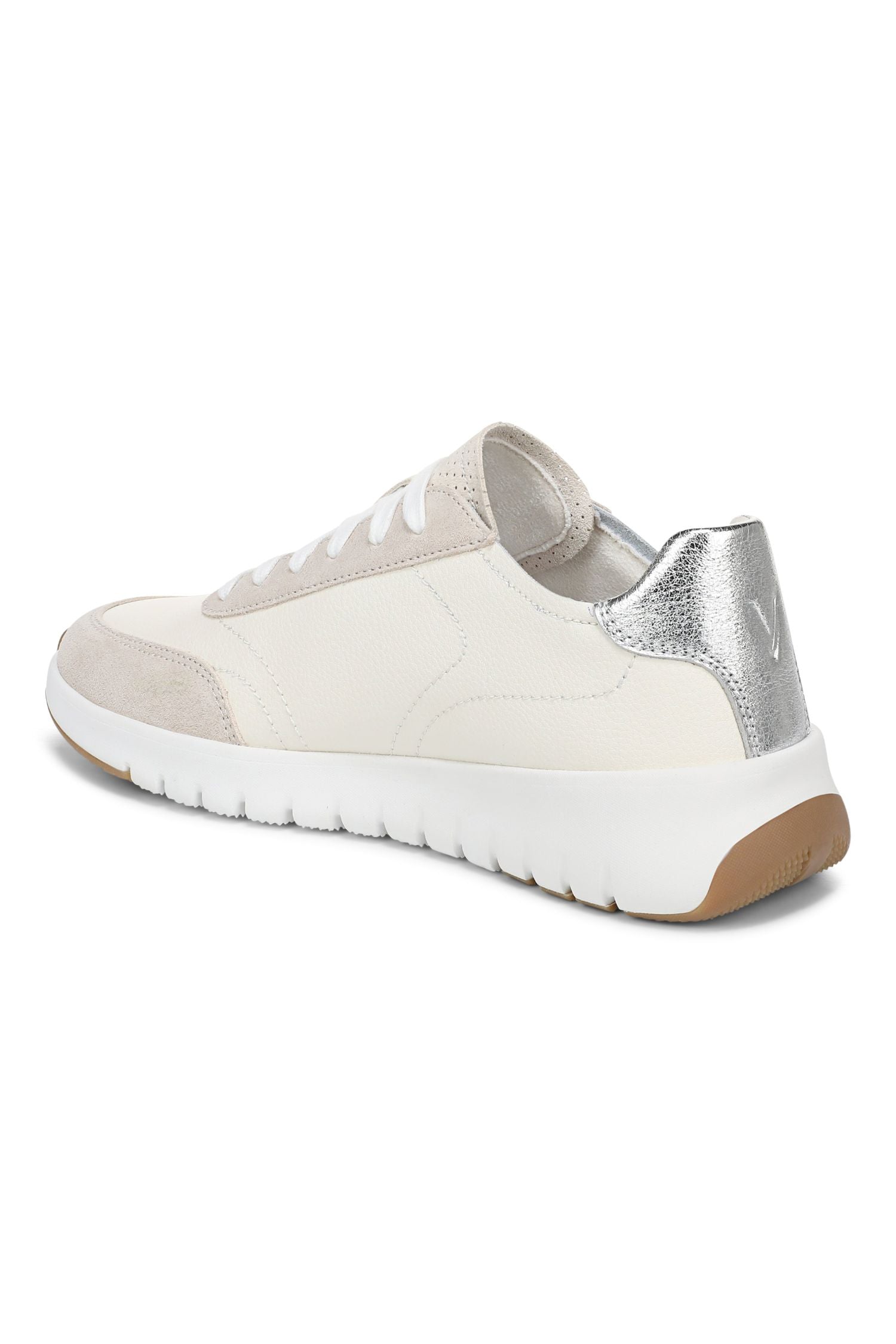 Inside angle view of Vionic Uptown Sneaker in silver and ivory
