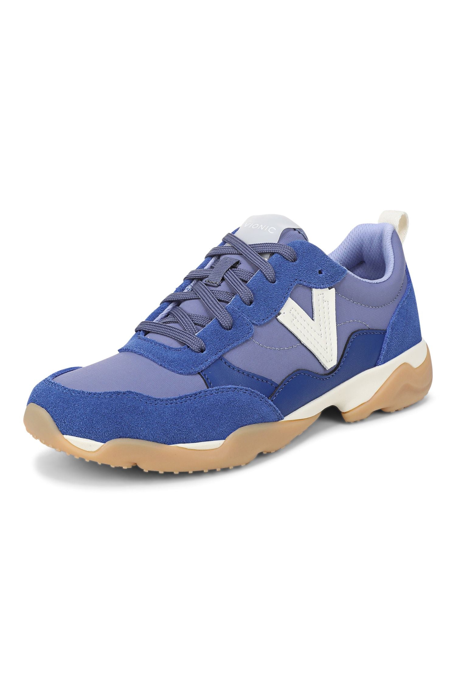 Front angle2 view of Vionic Walk Slim Glide Sneaker in blue