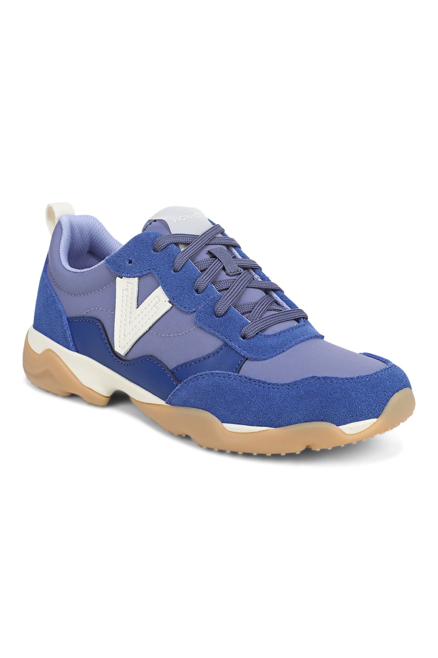 Front angle view of Vionic Walk Slim Glide Sneaker in blue
